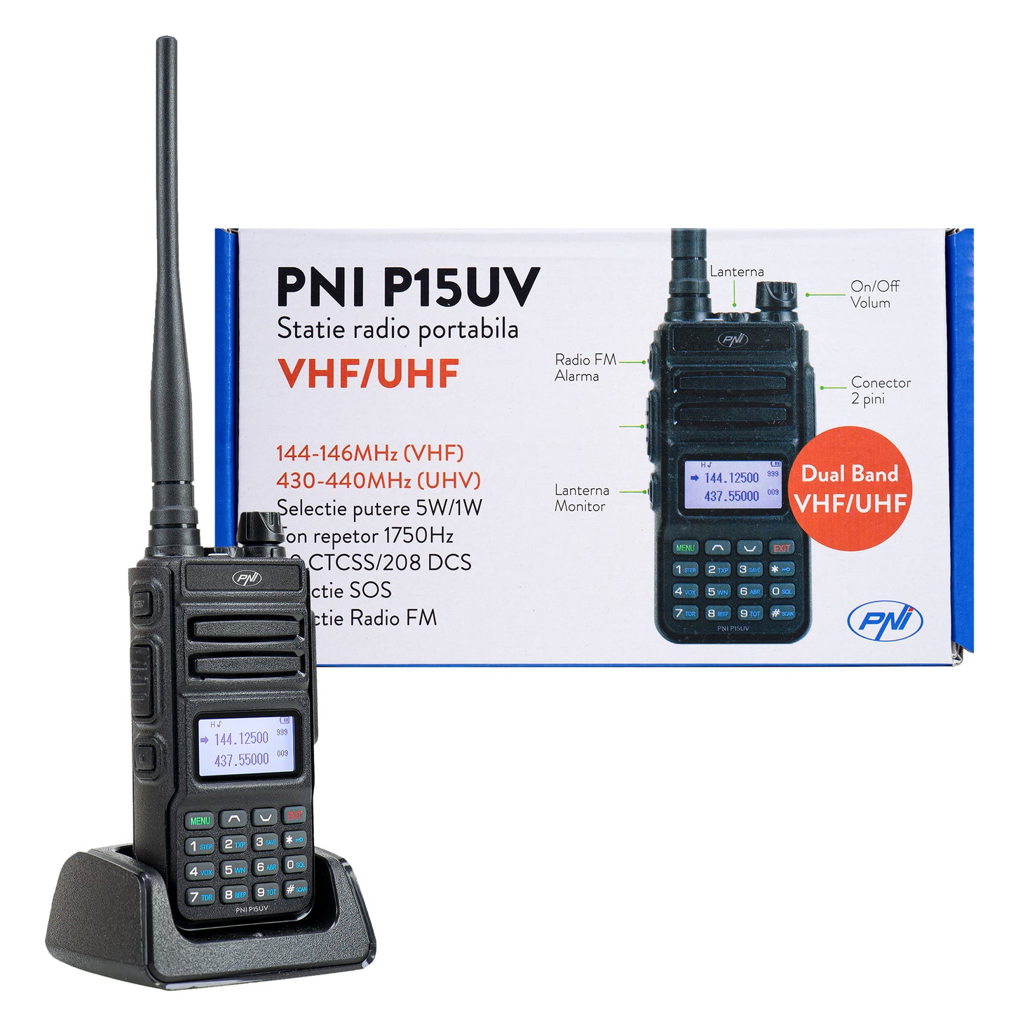 Statie radio portabila VHF/UHF PNI P15UV dual band, 144-146MHz/430-440Mhz, 999CH, cu acumulator 1500 mAh