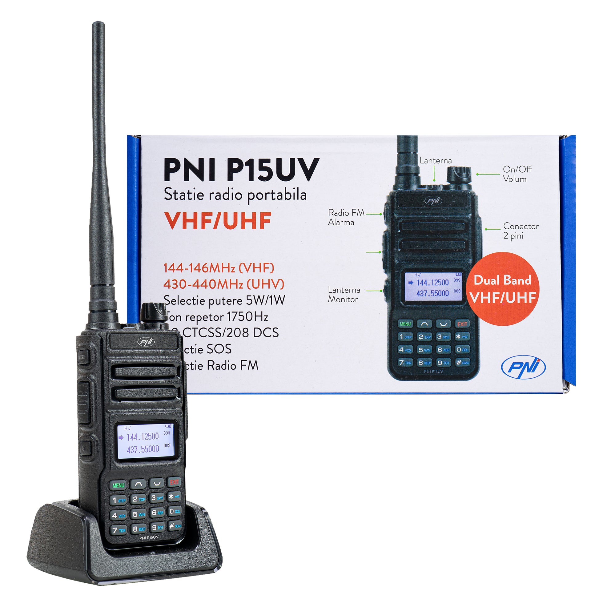 Statie radio portabila VHF/UHF PNI P15UV dual band, 144-146MHz/430-440Mhz, 999CH, cu acumulator 1500 mAh