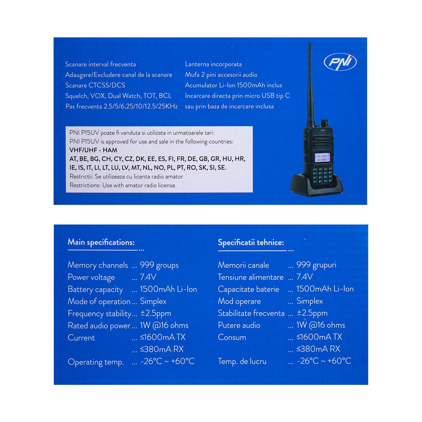 Statie radio portabila VHF/UHF PNI P15UV dual band, 144-146MHz/430-440Mhz, 999CH, cu acumulator 1500 mAh