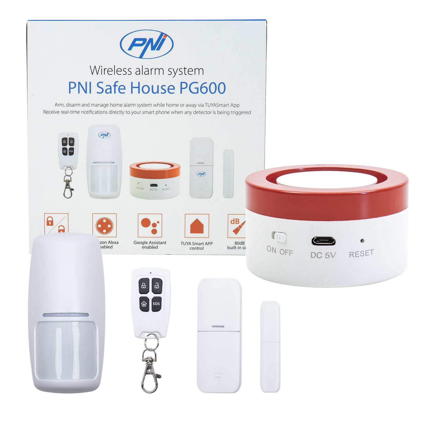 Sistem de alarma wireless PNI Safe House PG600, sistem inteligent de securitate pentru casa, conectare wireless, alarma antiefractie, alarma fara fir, alerta inteligenta prin aplicatia TUYA iOS / Android, compatibil cu Alexa si Google Assistant