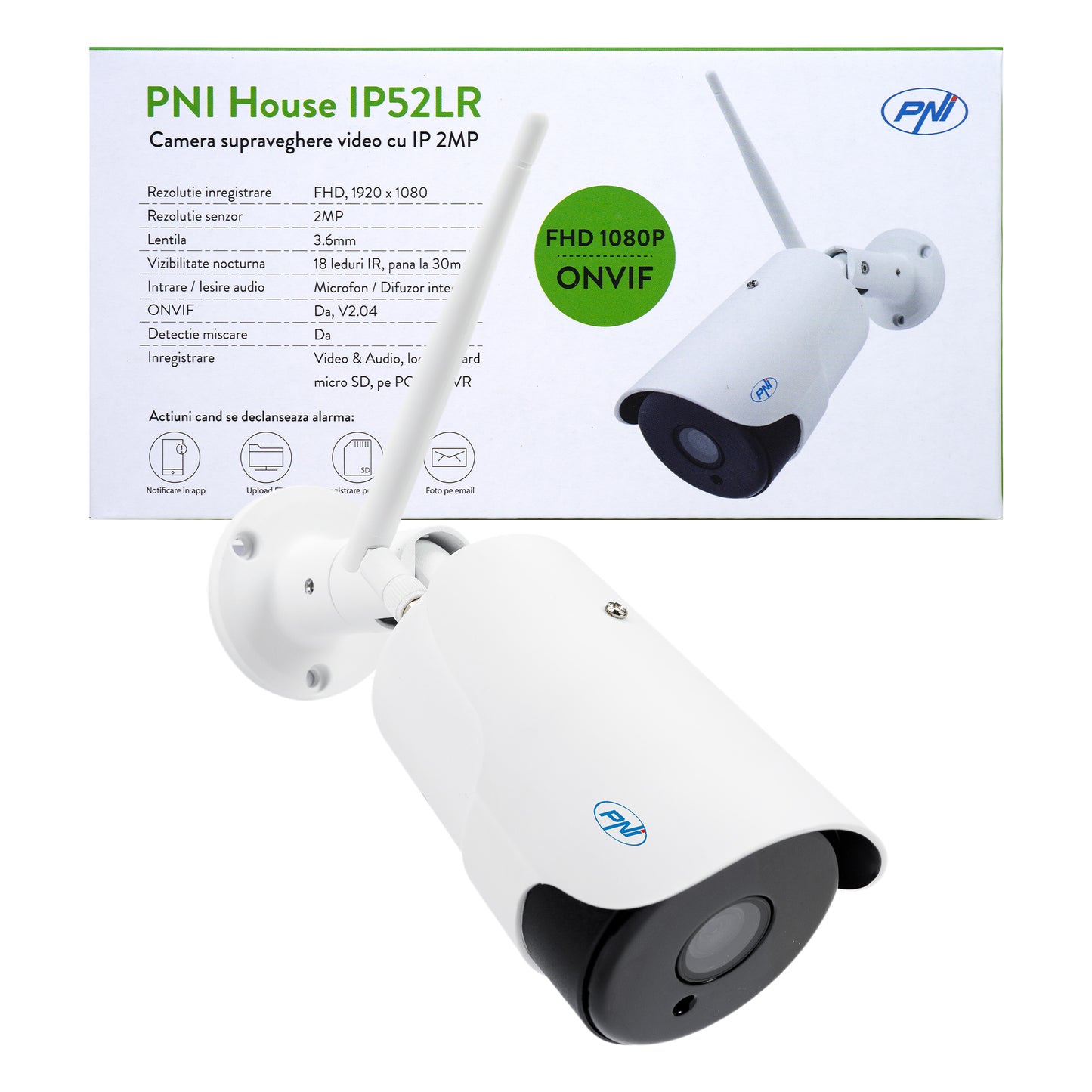 Camera supraveghere video PNI House IP52LR 2MP 1080P wireless cu IP de exterior si interior si slot microSD, mod noapte APP CamHi