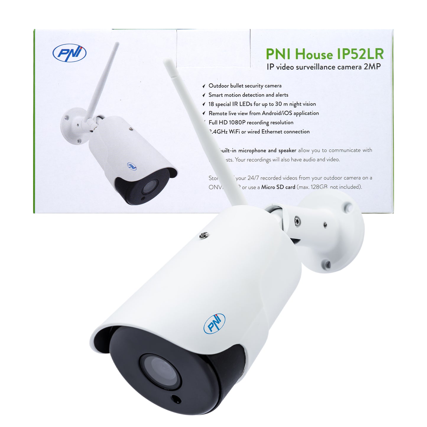 Camera supraveghere video PNI House IP52LR 2MP 1080P wireless cu IP de exterior si interior si slot microSD, mod noapte APP CamHi