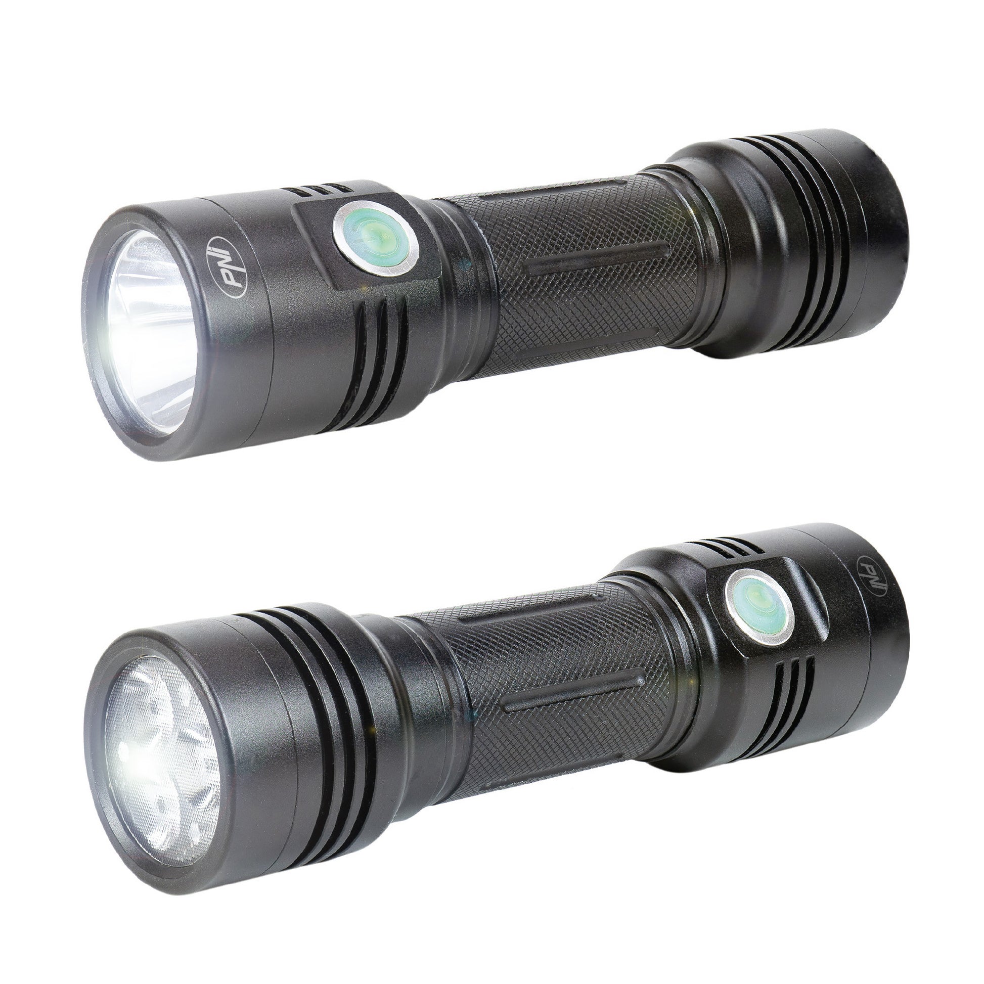 Lanterna dubla PNI Adventure F200 din aluminiu cu LED, acumulator 4000mAh si port micro USB, 3 LED-uri cu deschidere mare si unul cu focus, ambele au 3 niveluri de putere