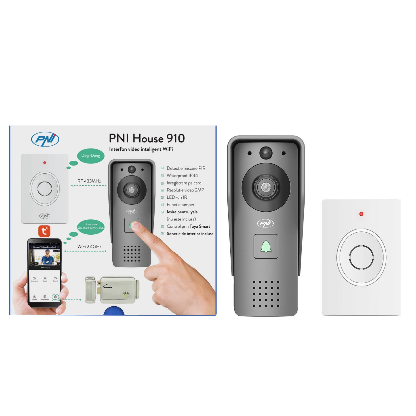 Interfon video inteligent PNI House 910 WiFi HD, P2P, iesire yala, aplicatie dedicata Tuya Smart, integrare in scenarii si automatizari smart cu alte produse compatibile Tuya