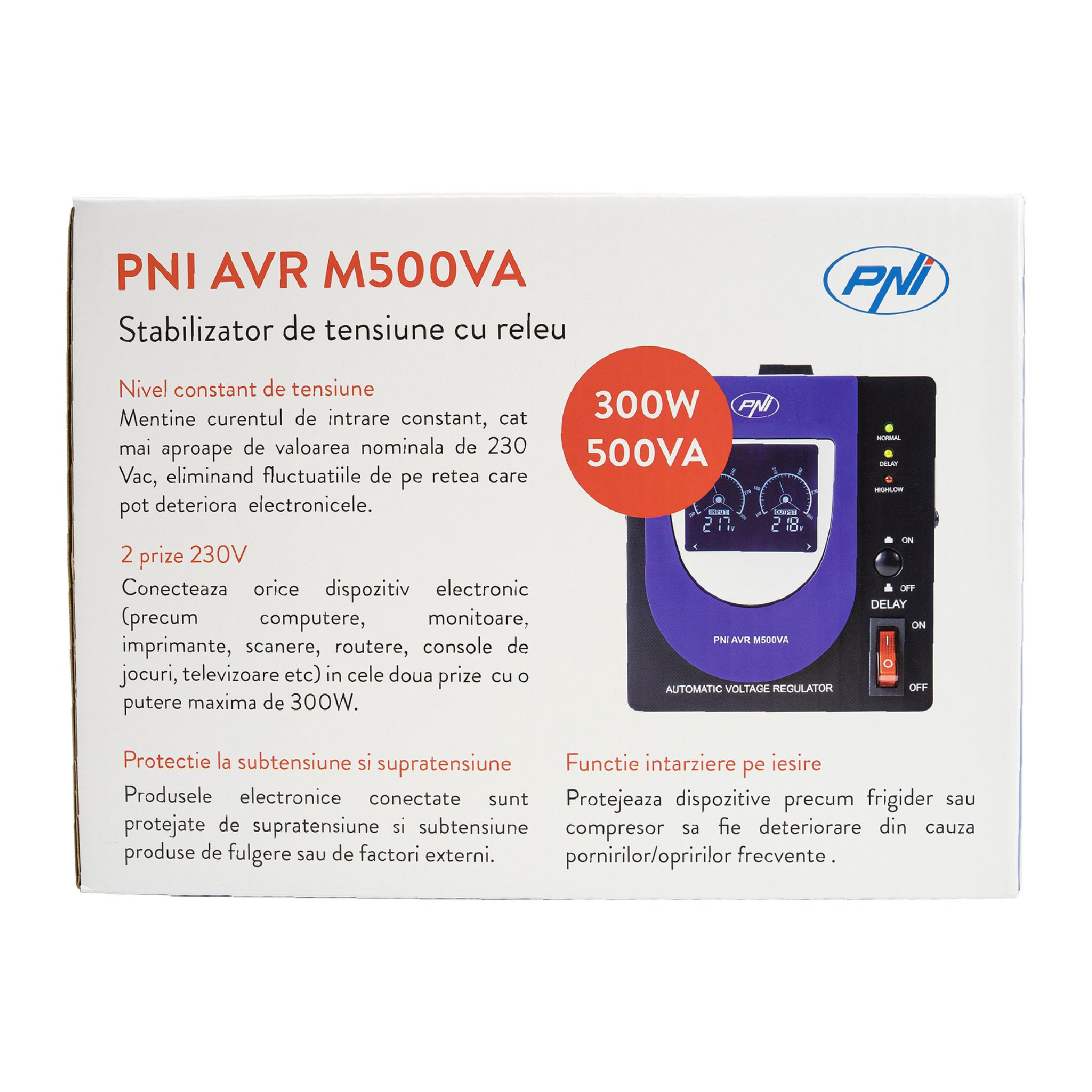 Stabilizator de tensiune cu releu PNI AVR M500VA, 1.4A, 300W, 500VA