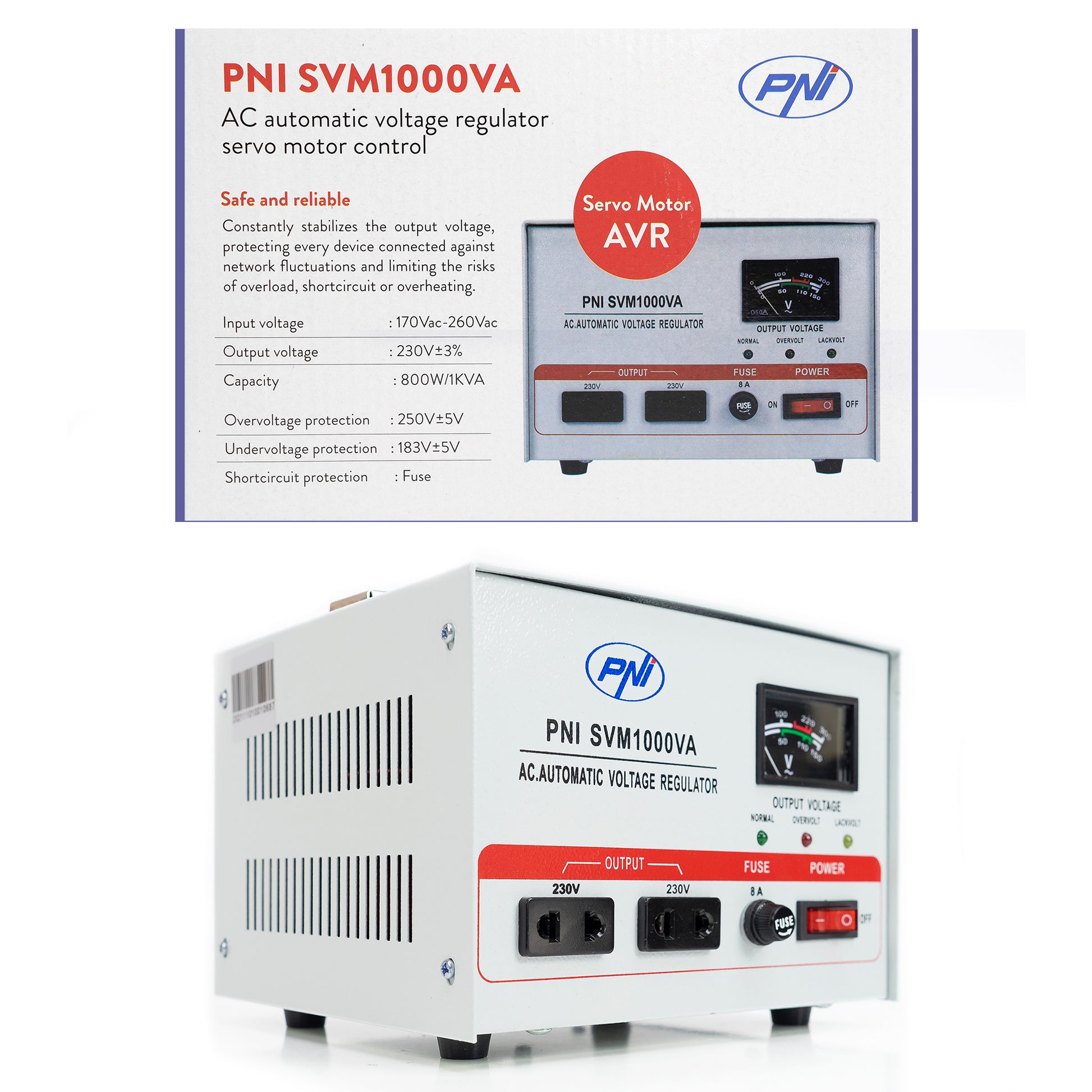 Stabilizator de tensiune PNI SVM1000VA cu servomotor, 800W, 3.6A, iesire 230V