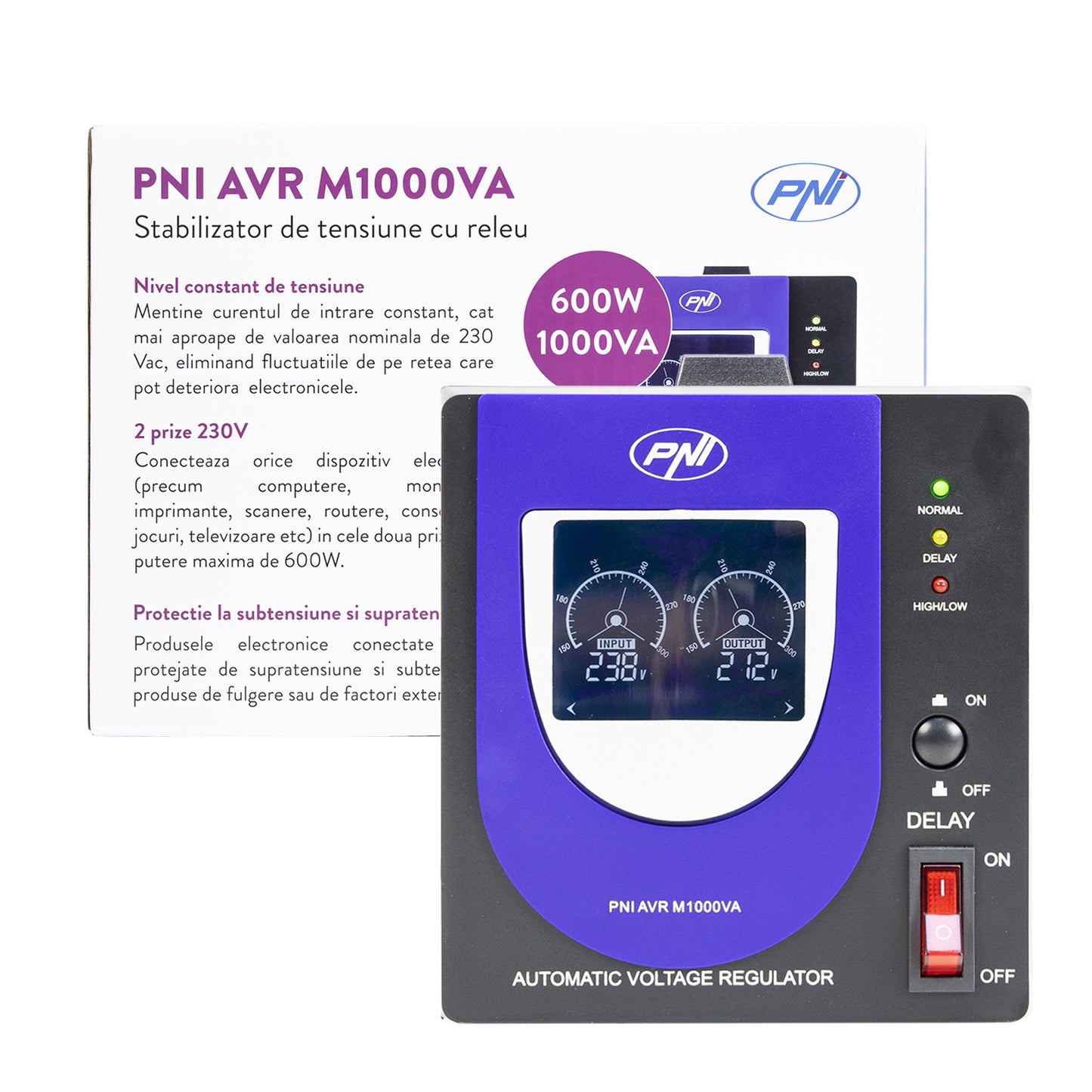 Stabilizator de tensiune cu releu PNI AVR M1000VA, 2.7A, 600W, 1000VA