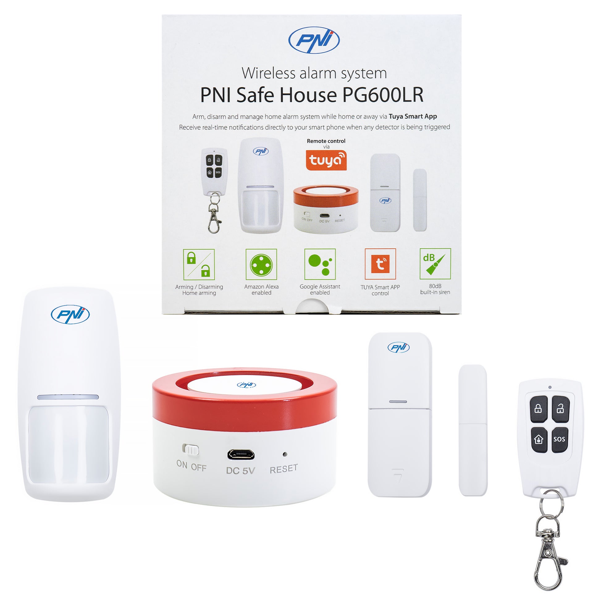 Sistem de alarma wireless PNI Safe House PG600LR, sistem inteligent de securitate pentru casa, conectare wireless, alarma antiefractie, alarma fara fir, alerta inteligenta prin aplicatia TUYA iOS / Android, compatibil cu Alexa si Google Assistant