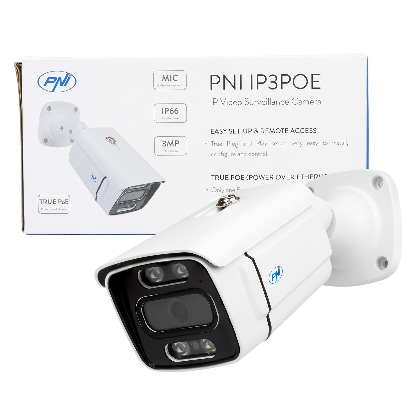 Camera supraveghere video PNI IP3POE cu IP, 3MP, de exterior IP66, microfon incorporat, compatibila cu sistemul de supraveghere POE PNI House IPMAX POE 3 si PNI House IPMAX POE 3LR
