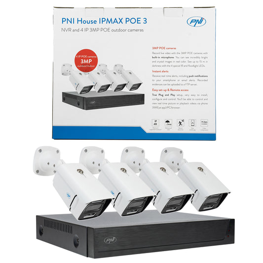 Kit supraveghere video PNI House IPMAX POE 3, NVR cu 4 porturi POE, ONVIF si 4 camere cu IP 3MP, de exterior, Power over Ethernet, detectie chip, detectie miscare, 4 cabluri, alimentator, mouse