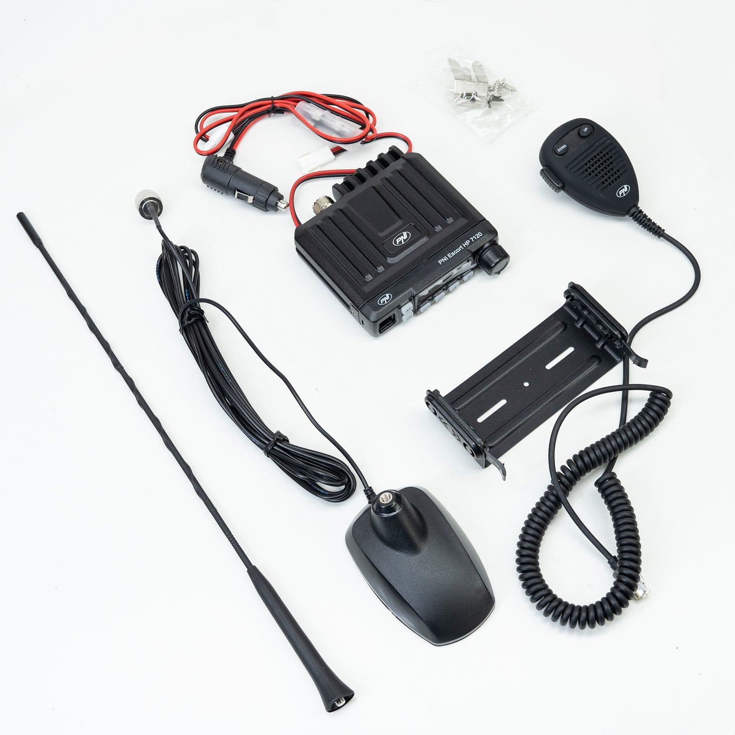 Kit statie radio CB PNI Escort HP 7120 ASQ, RF Gain, 4W, 12V si antena CB PNI Extra 48 cu magnet inclus, 45cm, SWR 1.0 AM/FM comutati doar in banda EU
