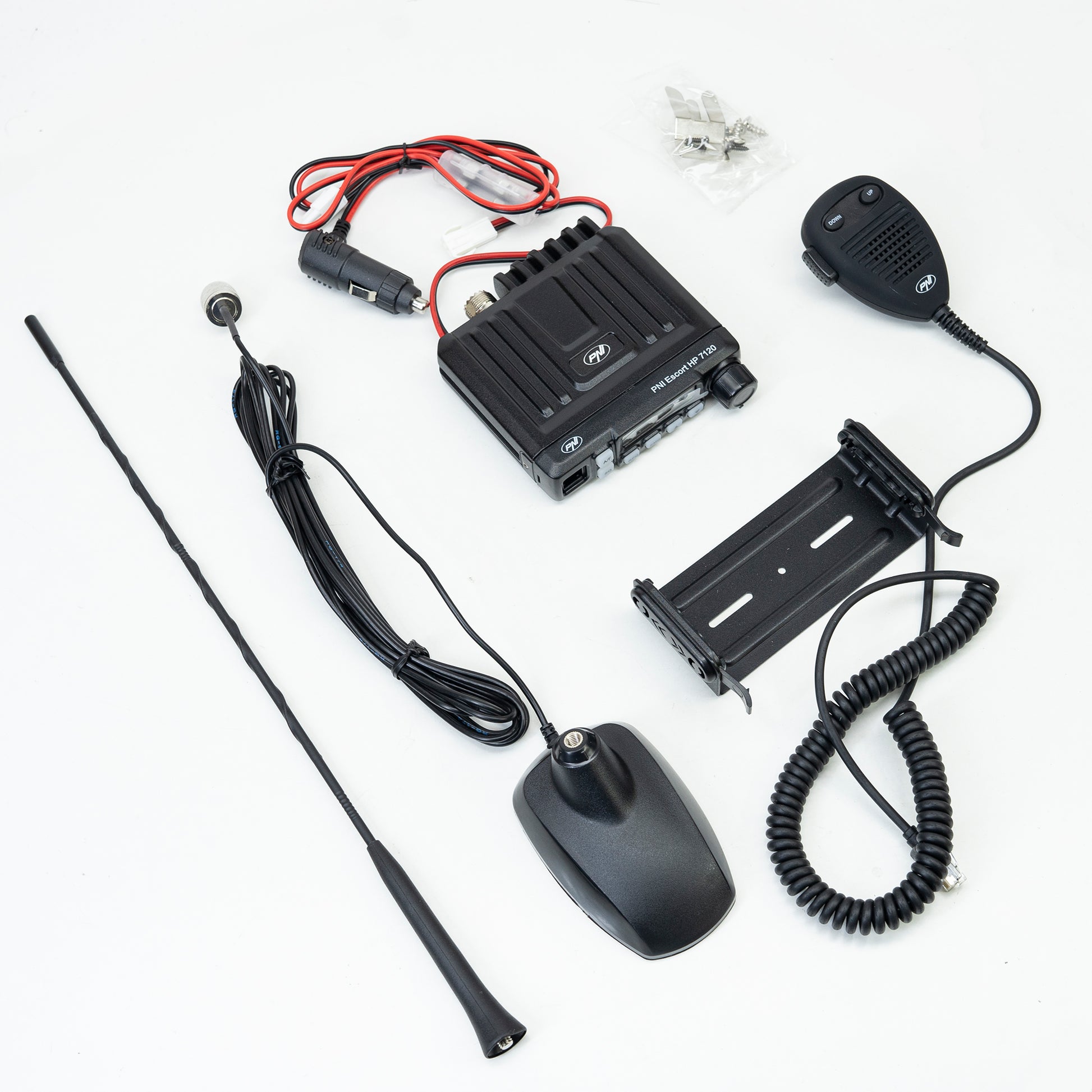 Kit statie radio CB PNI Escort HP 7120 ASQ, RF Gain, 4W, 12V si antena CB PNI Extra 48 cu magnet inclus, 45cm, SWR 1.0 AM/FM comutati doar in banda EU