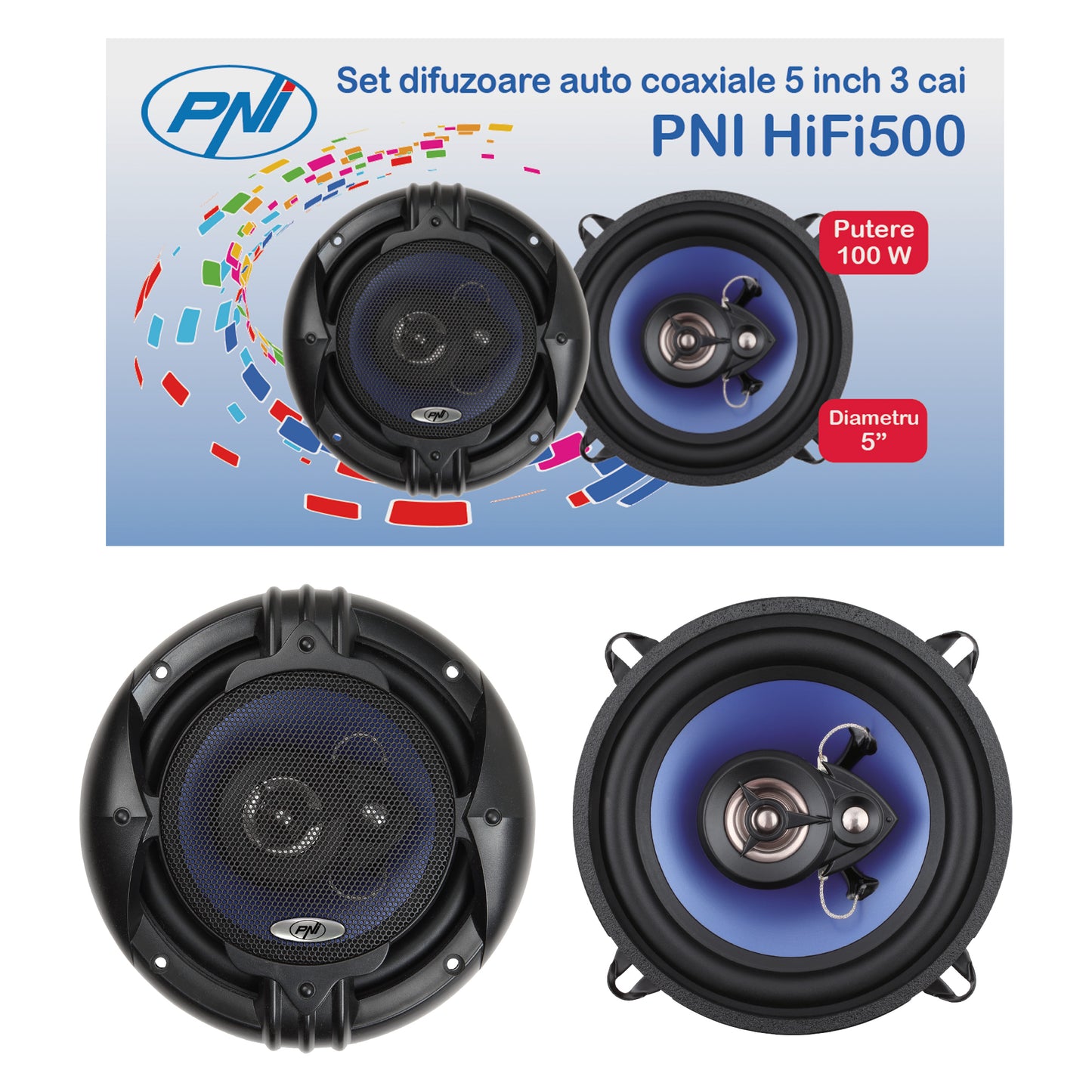 Difuzoare auto coaxiale PNI HiFi500, 100W, 12.7 cm, 3 cai, set 2 buc