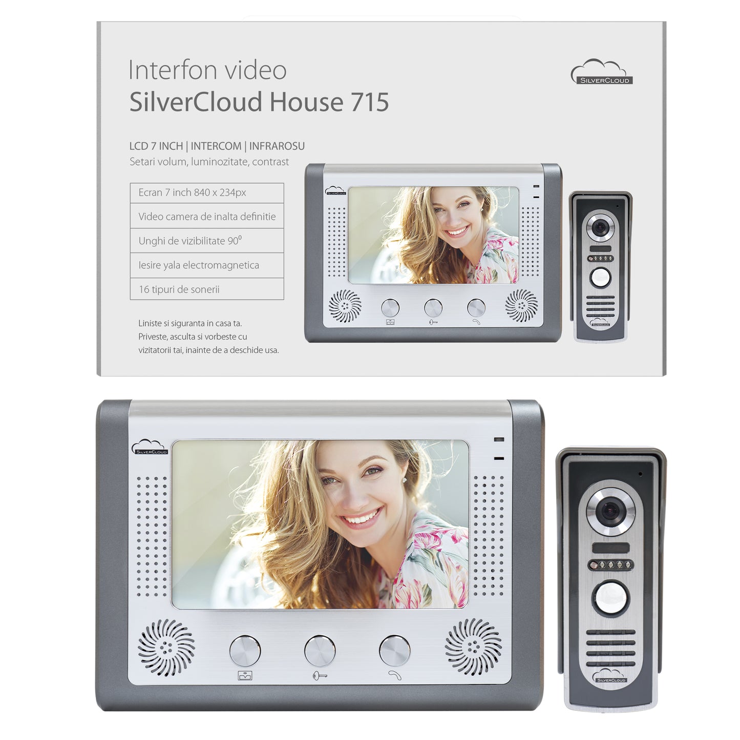 Interfon video SilverCloud House 715, ecran LCD 7 inch, camera de exterior, night vision, iesire yala electromagnetica