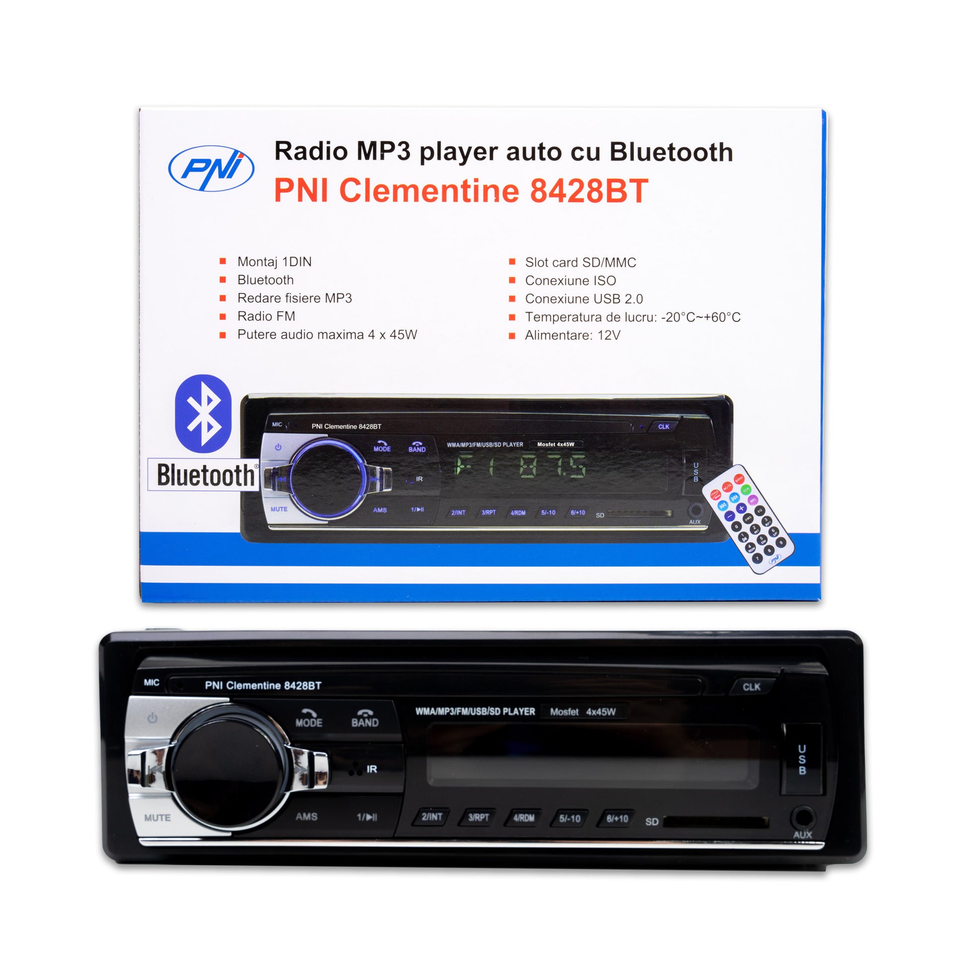 Radio MP3 player auto PNI Clementine 8428BT 4x45w 1 DIN cu SD, USB, AUX, RCA si Bluetooth