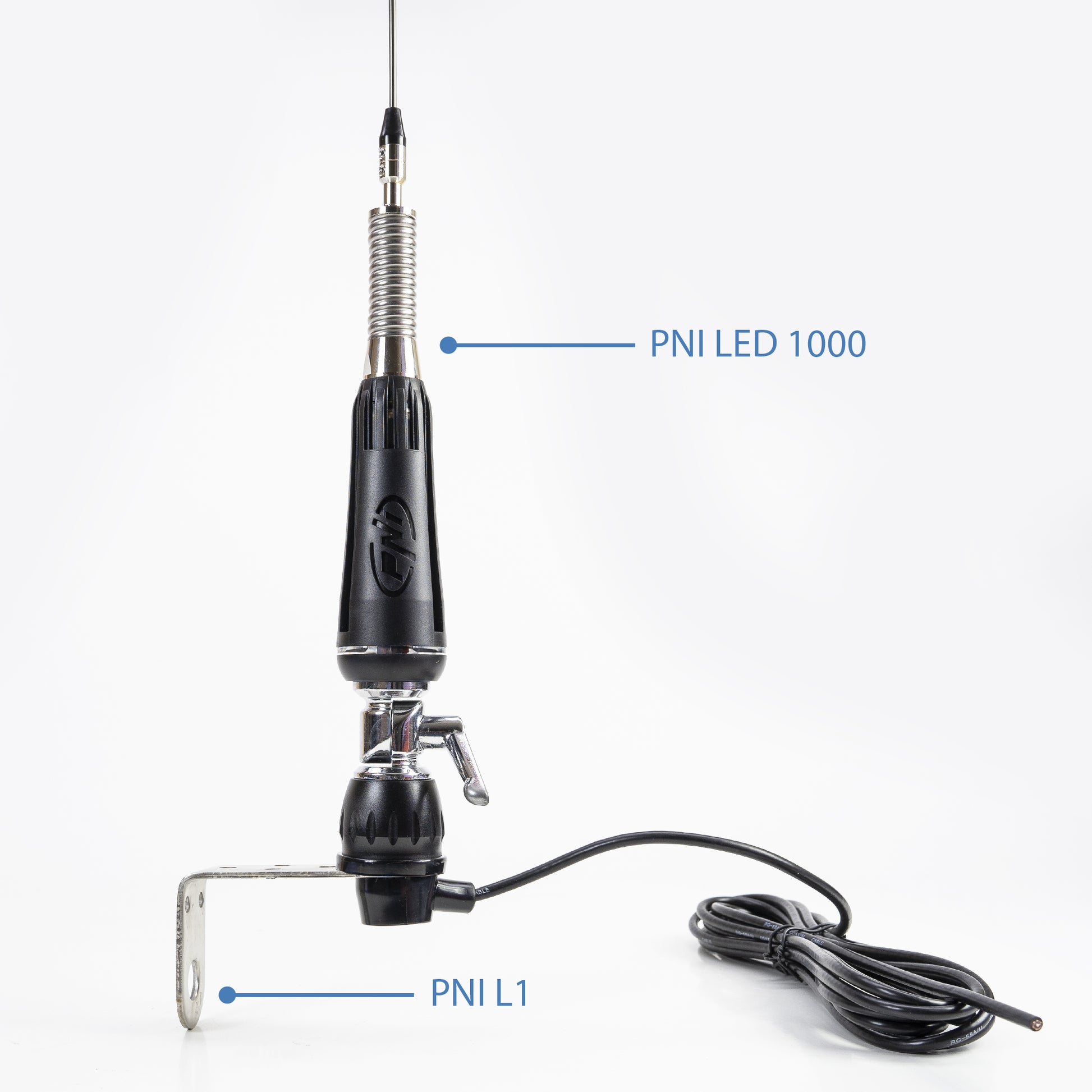 Antena CB PNI LED 1000 rabatabila, 80 cm lungime, cu cablu si montura fixa tip fluture, 26-30 MHz, 300 Watt, ilumineaza in timpul emisiei