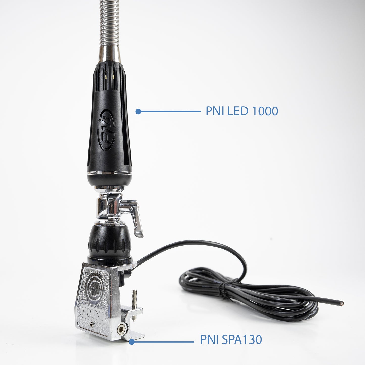 Antena CB PNI LED 1000 rabatabila, 80 cm lungime, cu cablu si montura fixa tip fluture, 26-30 MHz, 300 Watt, ilumineaza in timpul emisiei