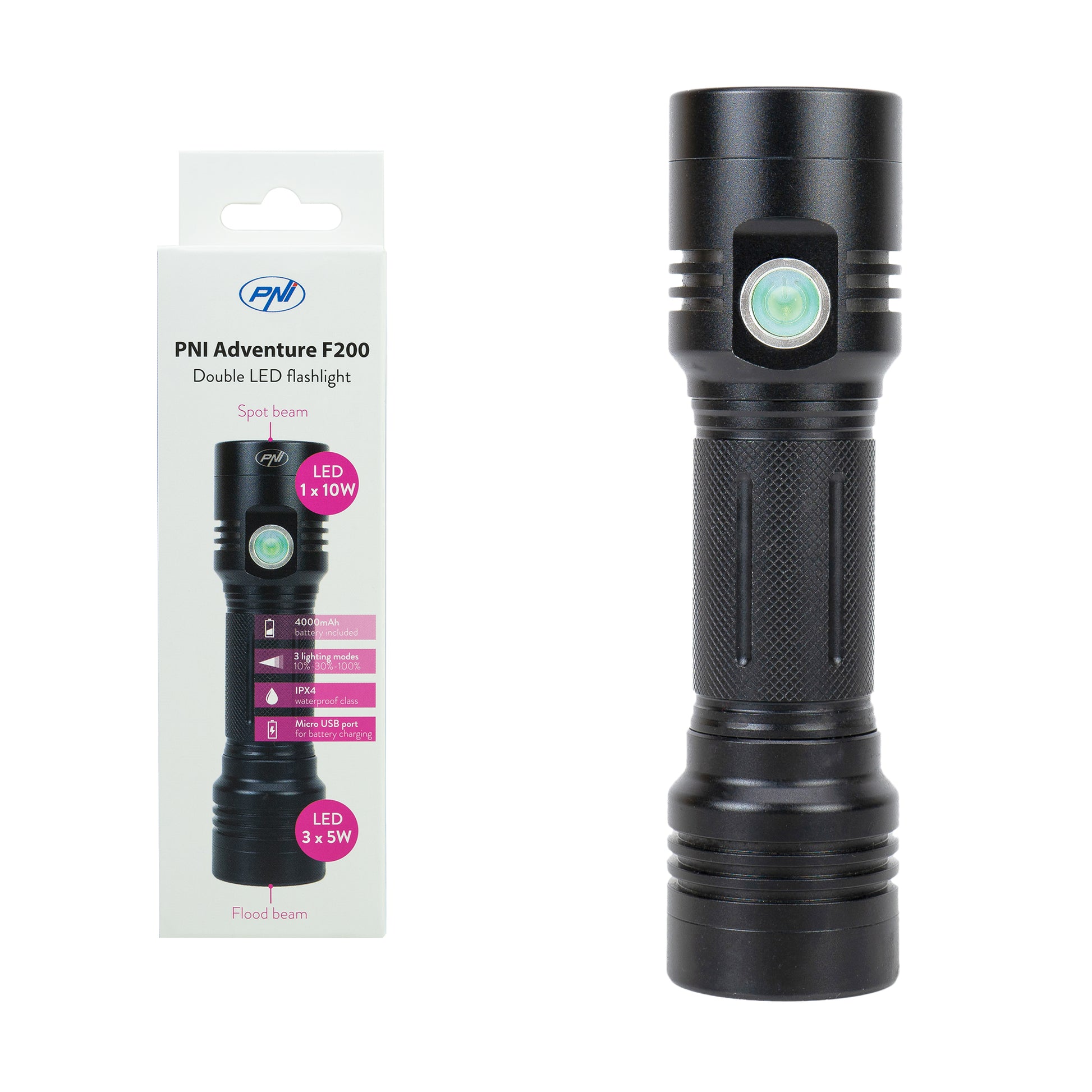 Lanterna dubla PNI Adventure F200 din aluminiu cu LED, acumulator 4000mAh si port micro USB, 3 LED-uri cu deschidere mare si unul cu focus, ambele au 3 niveluri de putere
