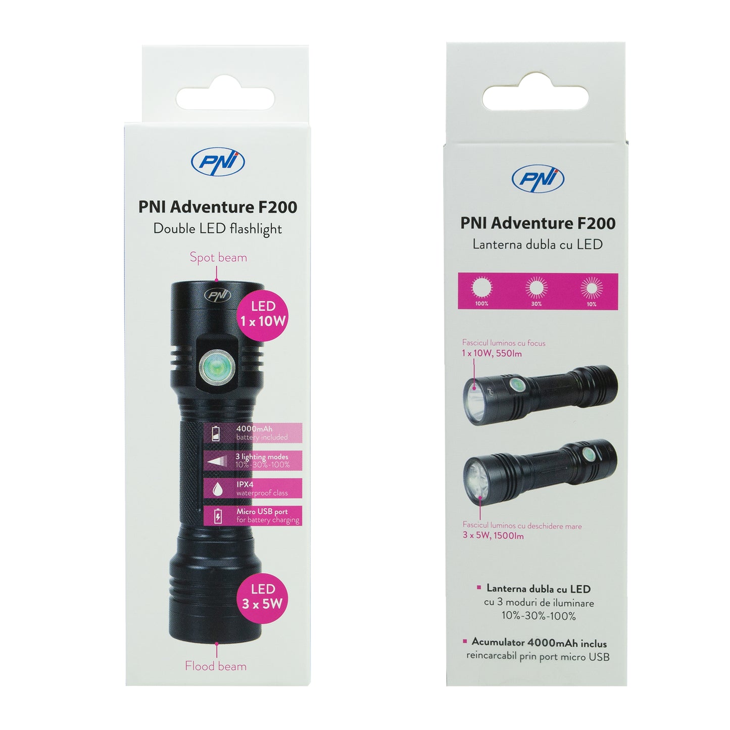 Lanterna dubla PNI Adventure F200 din aluminiu cu LED, acumulator 4000mAh si port micro USB, 3 LED-uri cu deschidere mare si unul cu focus, ambele au 3 niveluri de putere