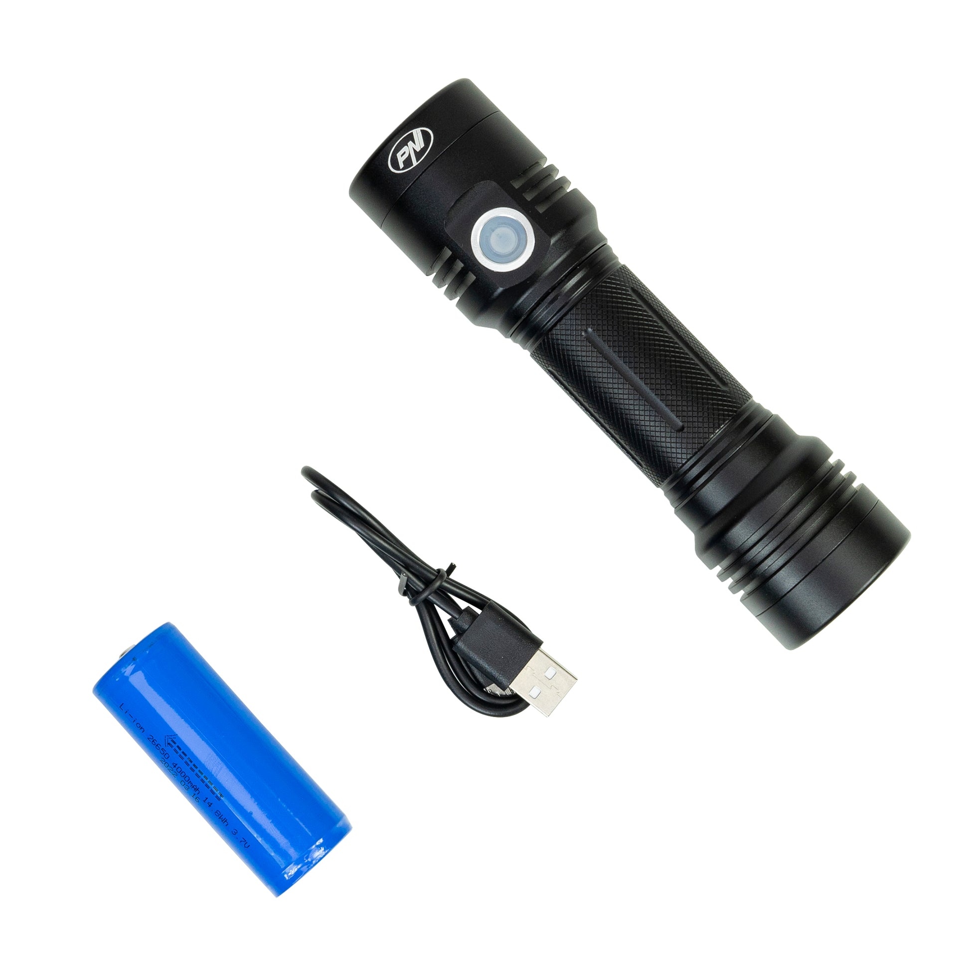 Lanterna dubla PNI Adventure F200 din aluminiu cu LED, acumulator 4000mAh si port micro USB, 3 LED-uri cu deschidere mare si unul cu focus, ambele au 3 niveluri de putere