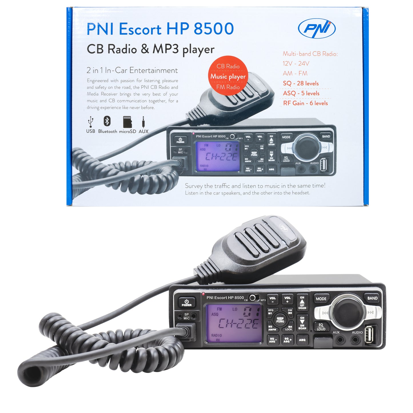 Statie radio CB si MP3 player PNI Escort HP 8500 ASQ include casti cu microfon