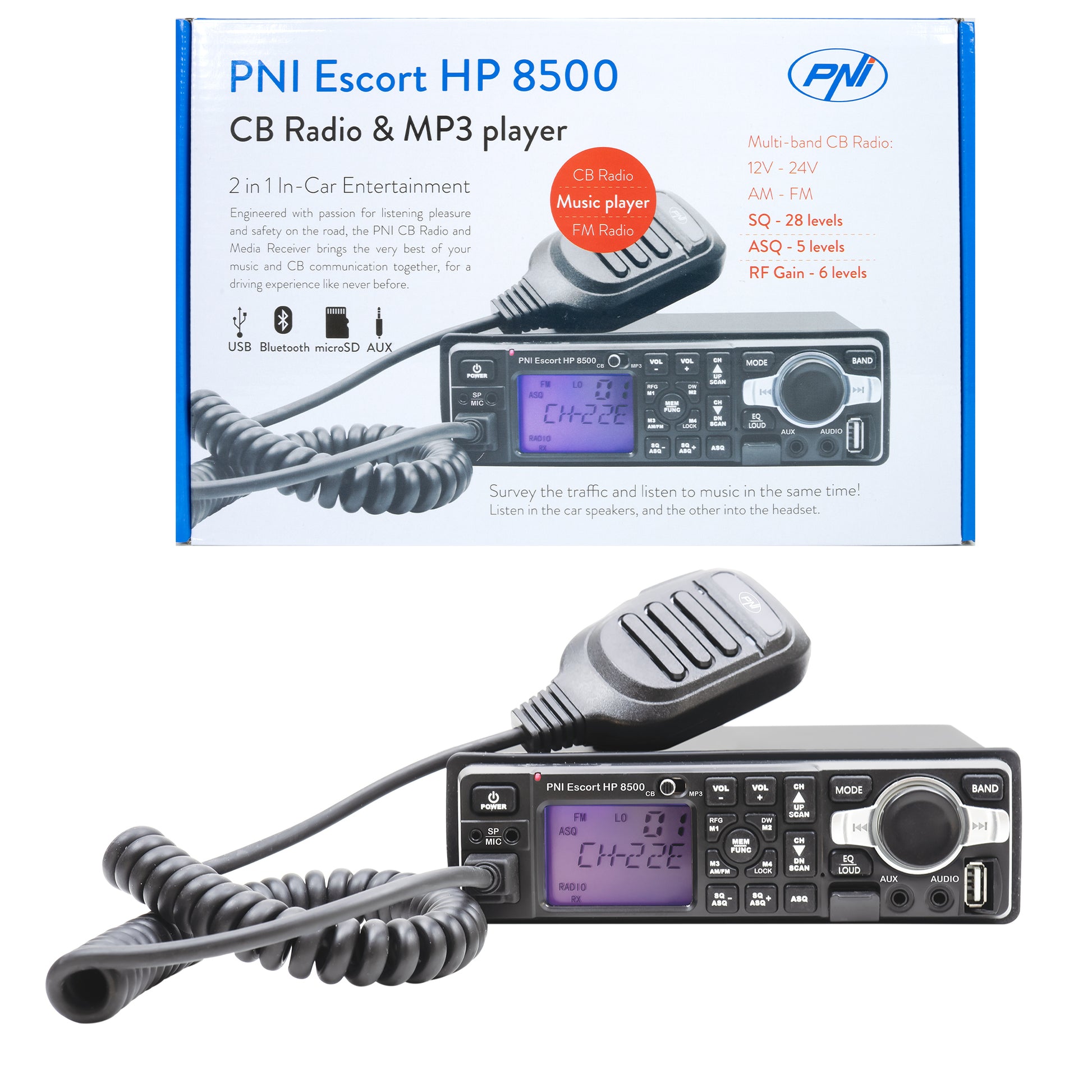 Statie radio CB si MP3 player PNI Escort HP 8500 ASQ include casti cu microfon