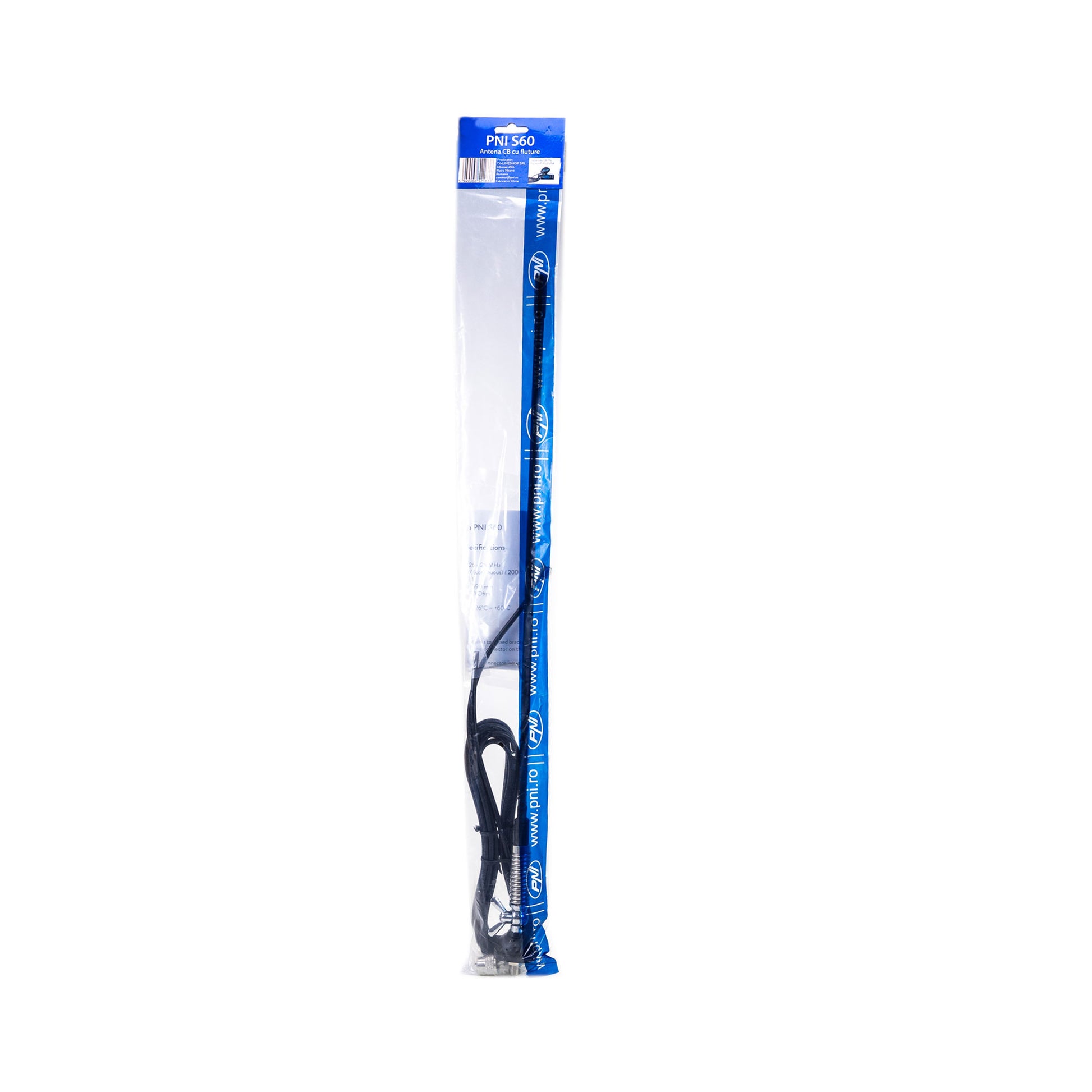 Antena CB PNI S60 cu fluture, lungime spic 59 cm, cu montura, cablu 4 m si mufa PL, fibra de sticla