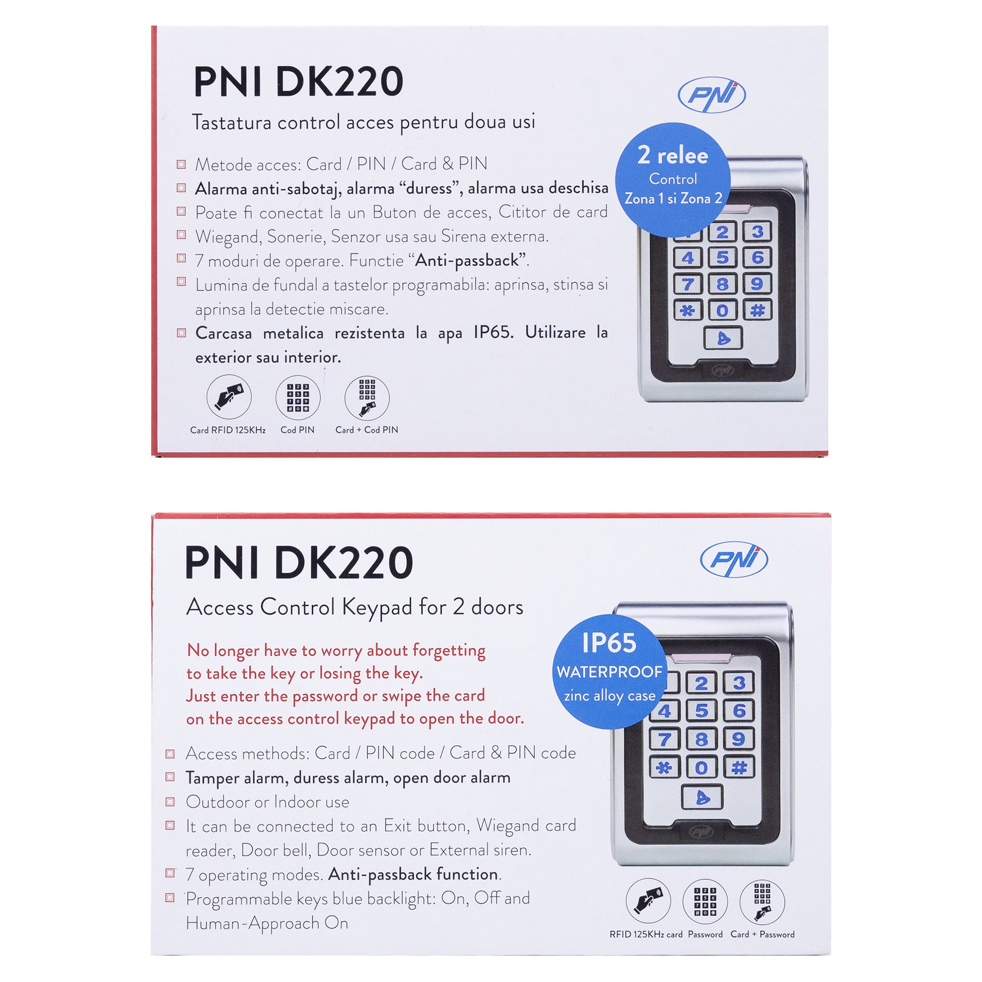 Tastatura control acces PNI DK220, stand alone, exterior si interior, IP65, cu 2 relee