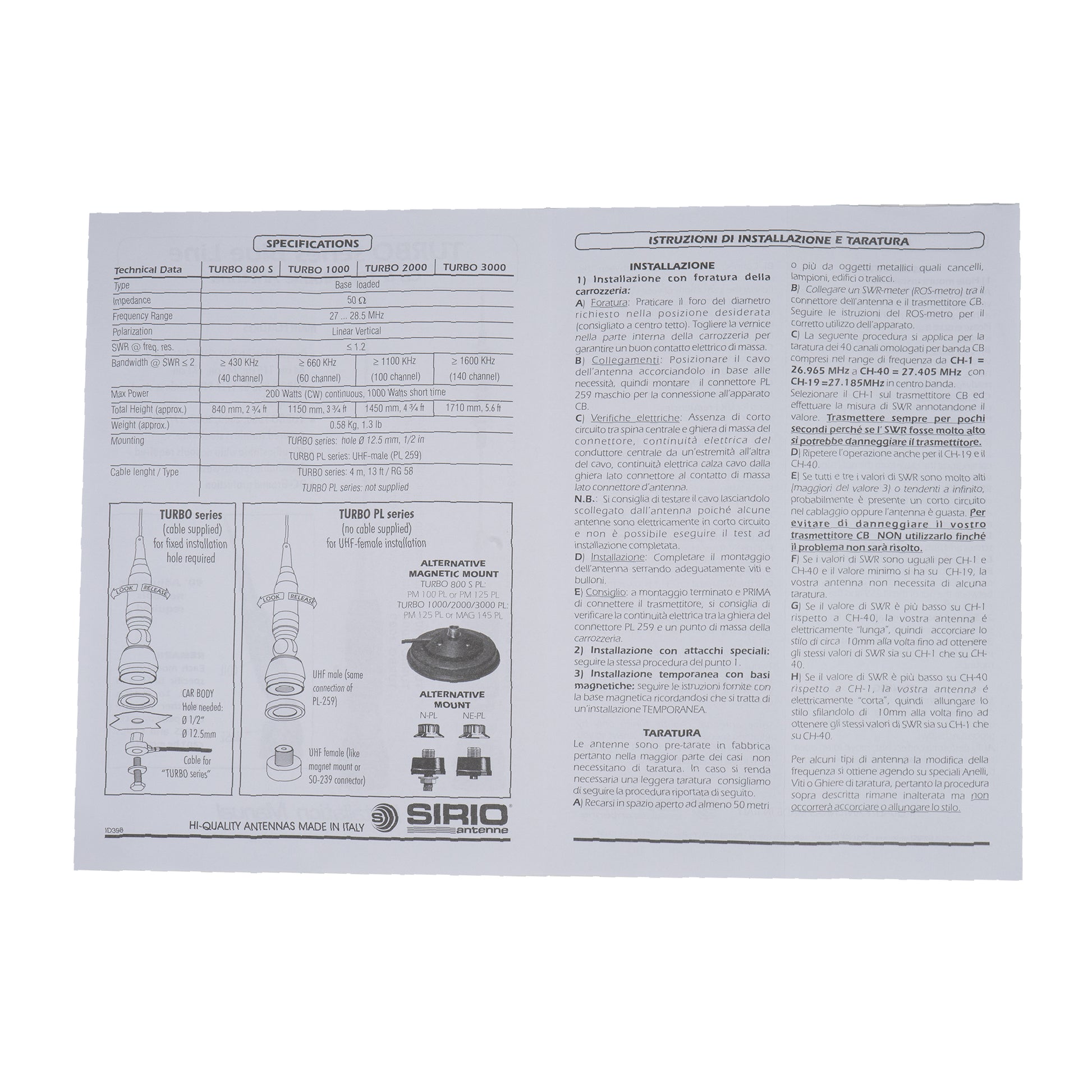 Antena CB Sirio Turbo 3000PL Blue Line Cod 2202405.41 fara cablu