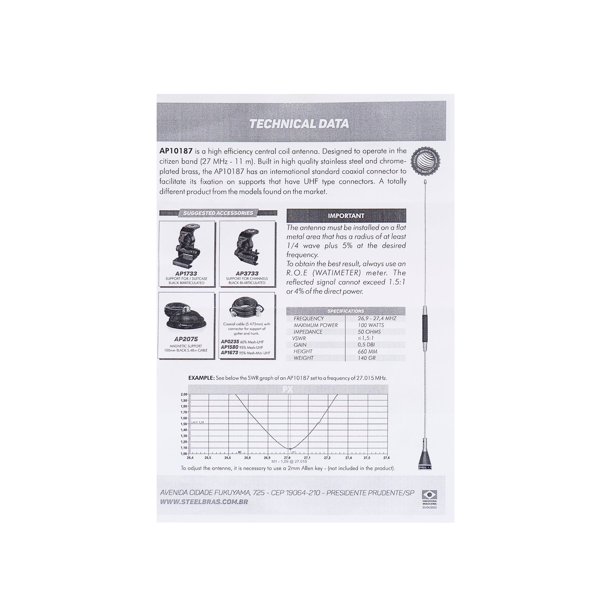 Antena CB PNI Steelbras AP10187, 66cm, 26.9-27.4MHz, 0.5dBi, 100W, fara accesorii