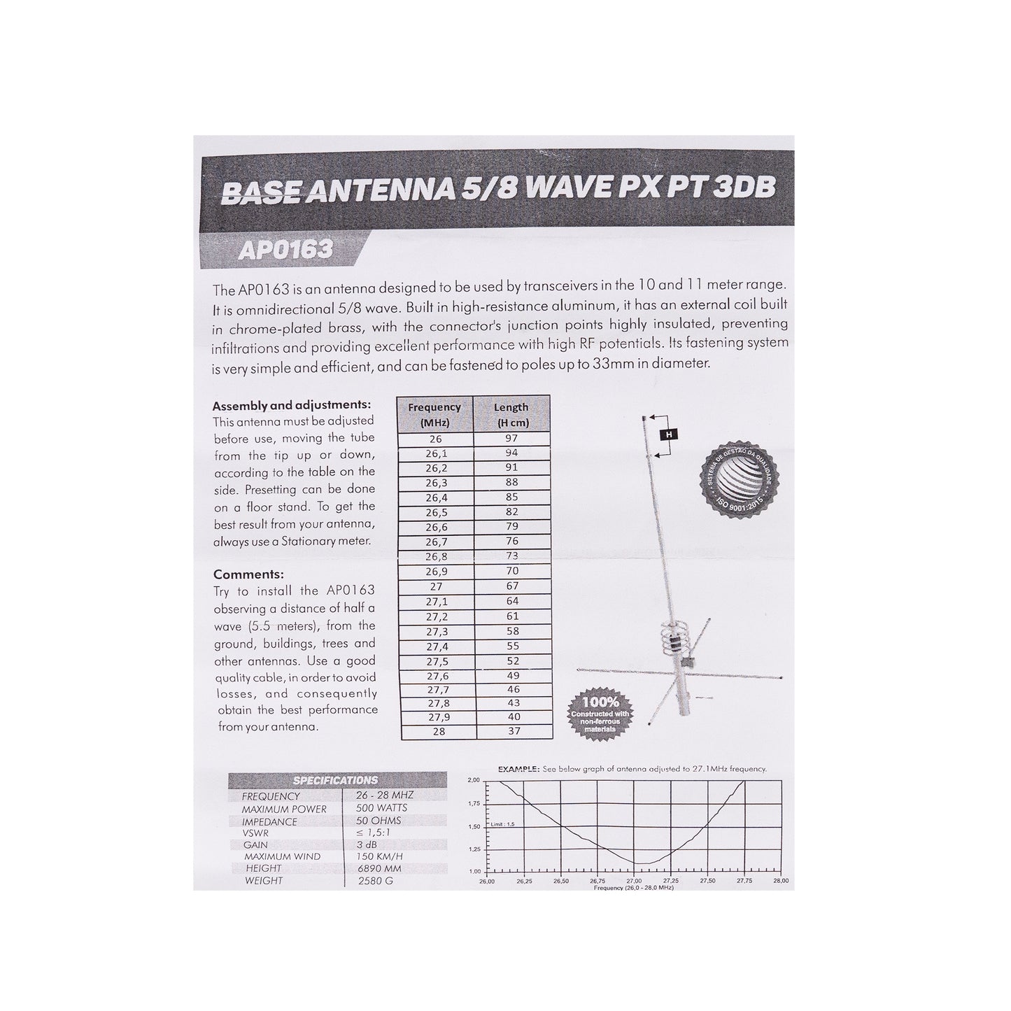 Antena CB de baza PNI Steelbras AP0163, 5/8, 26-28MHz, 500W, 5.15dBi, 689cm, rezistenta la vant 150km/h, pentru cladiri