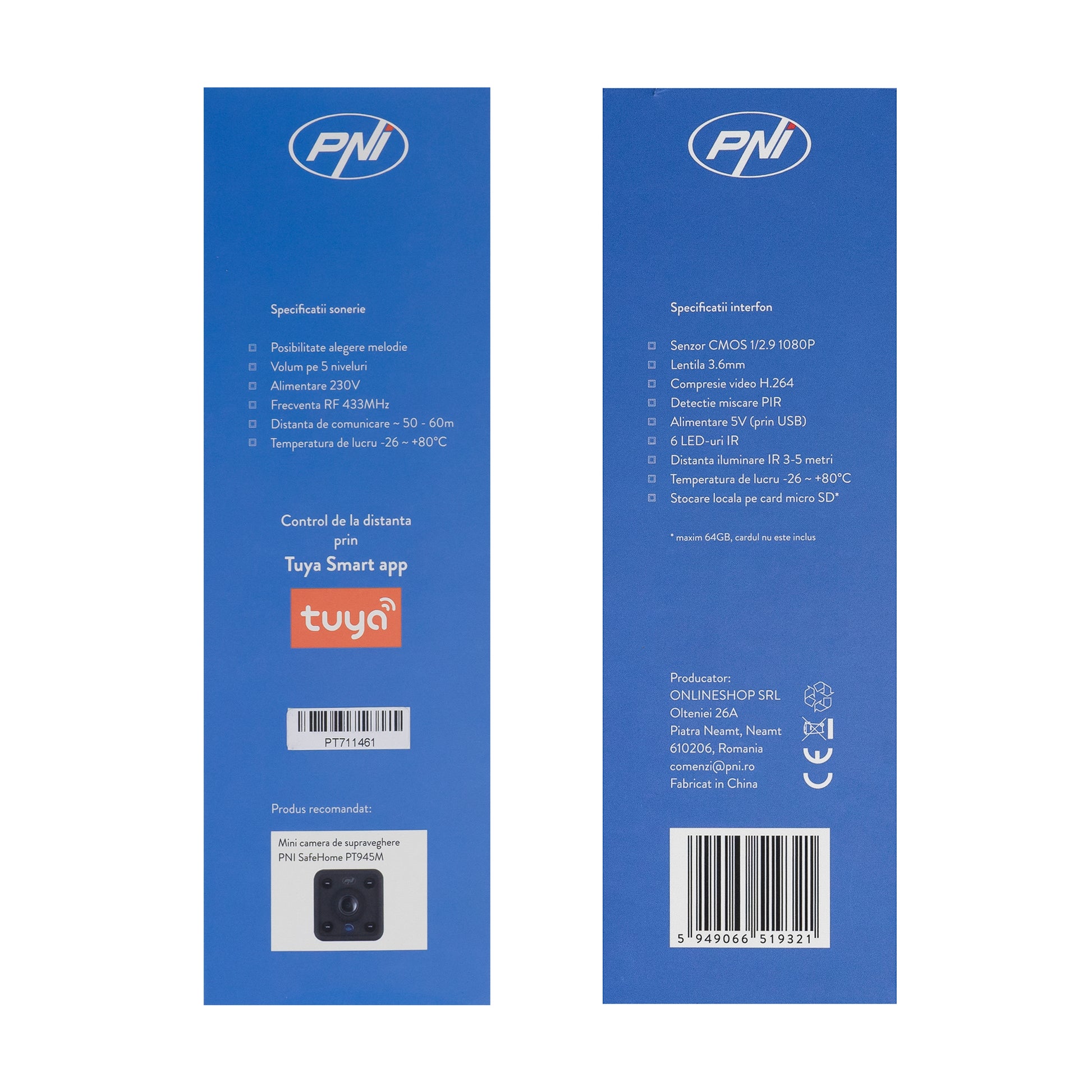 Interfon video inteligent PNI SafeHome PT710B WiFi  HD, P2P, acumulator si Sonerie 36 melodii inclusa, aplicatie dedicata Tuya Smart, integrare in scenarii si automatizari smart cu alte produse compatibile Tuya