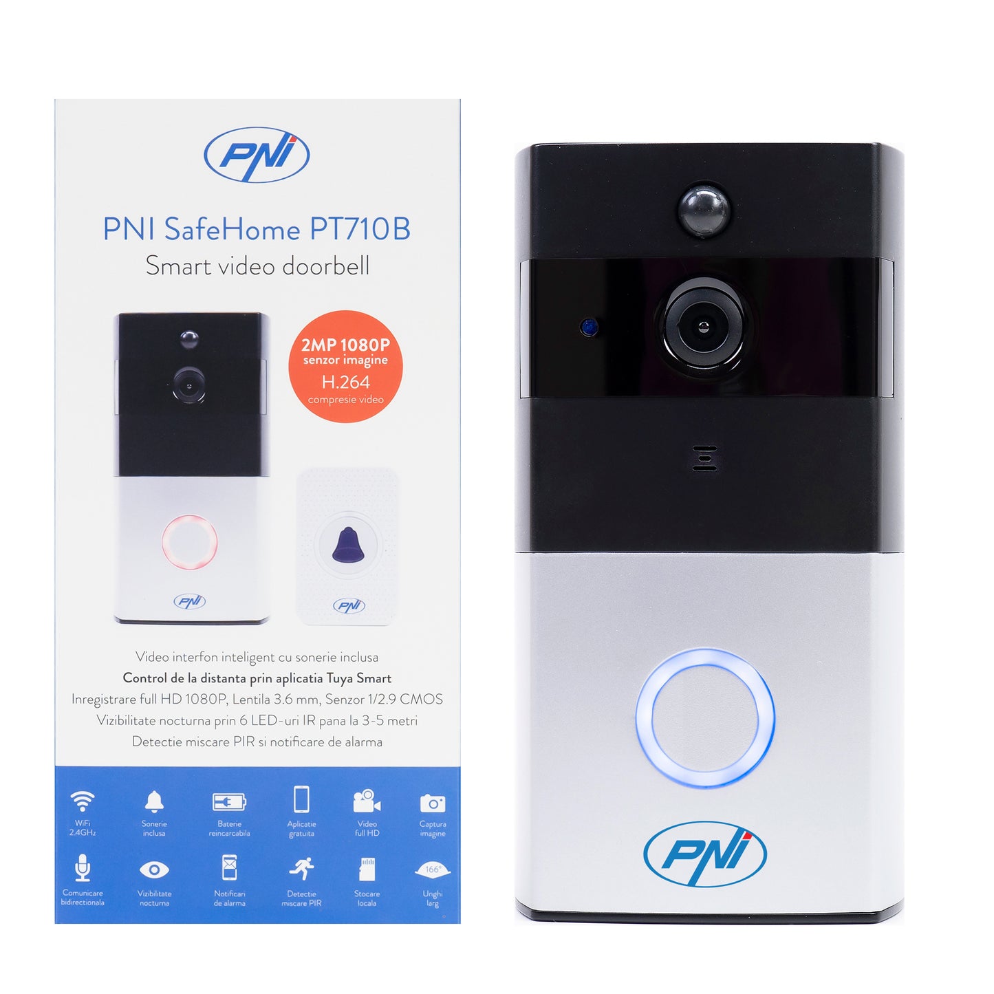 Interfon video inteligent PNI SafeHome PT710B WiFi  HD, P2P, acumulator si Sonerie 36 melodii inclusa, aplicatie dedicata Tuya Smart, integrare in scenarii si automatizari smart cu alte produse compatibile Tuya