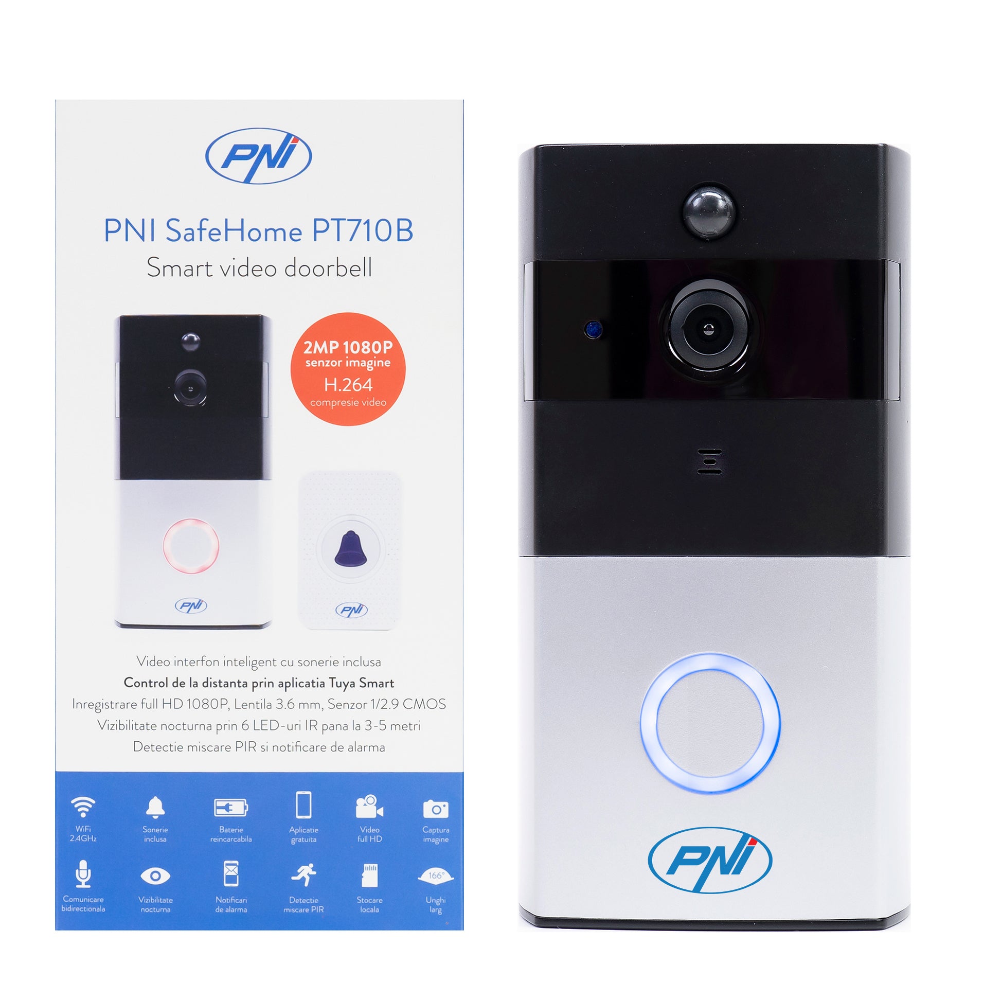 Interfon video inteligent PNI SafeHome PT710B WiFi  HD, P2P, acumulator si Sonerie 36 melodii inclusa, aplicatie dedicata Tuya Smart, integrare in scenarii si automatizari smart cu alte produse compatibile Tuya