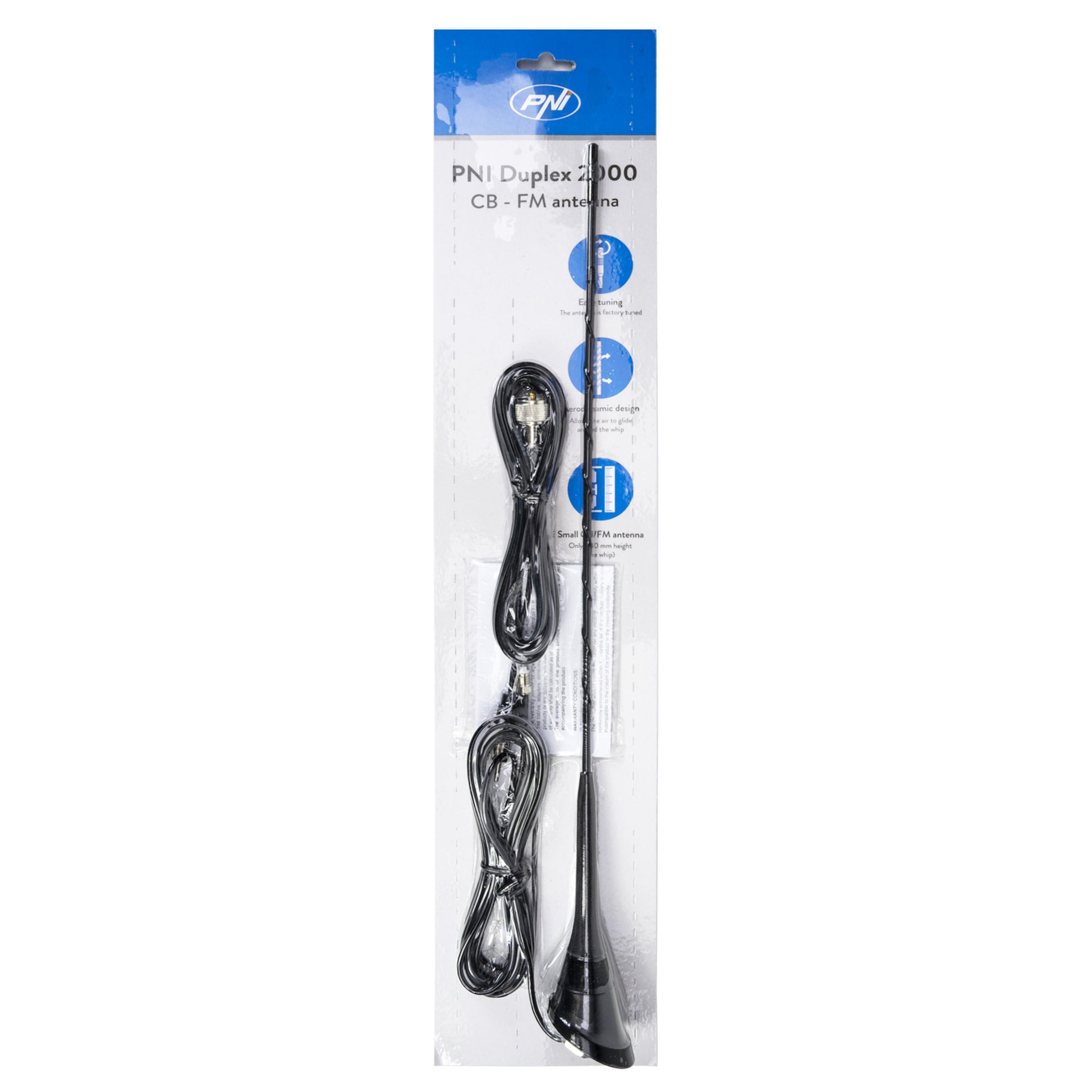 Antena CB PNI Duplex 2000 CB-FM, 26-28MHz (CB), 87-108MHz (FM), cablu CB si cablu FM 5 metri, fibra de sticla, lungime 490 mm