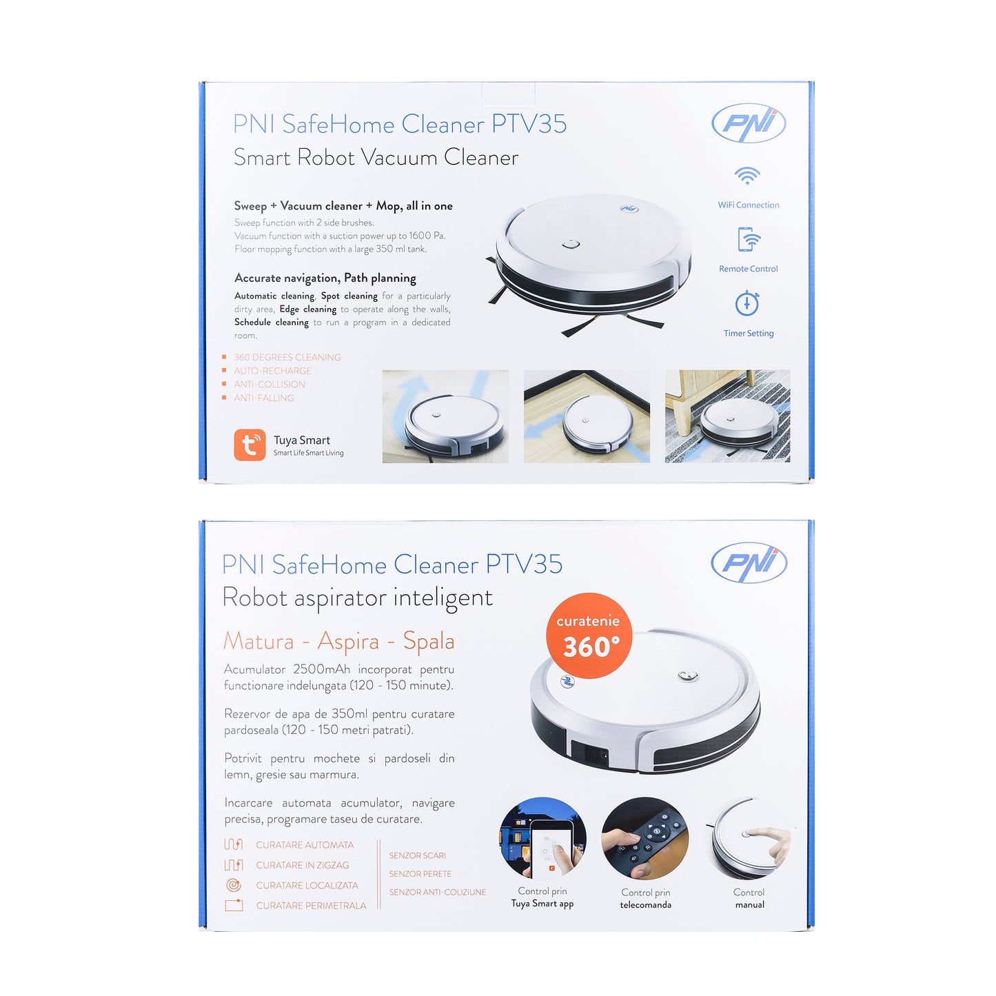 Robot aspirator inteligent PNI SafeHome Cleaner PTV35 WiFi, 30W, control si programare din aplicatia dedicata Tuya Smart, integrare in scenarii si automatizari smart cu alte produse compatibile Tuya