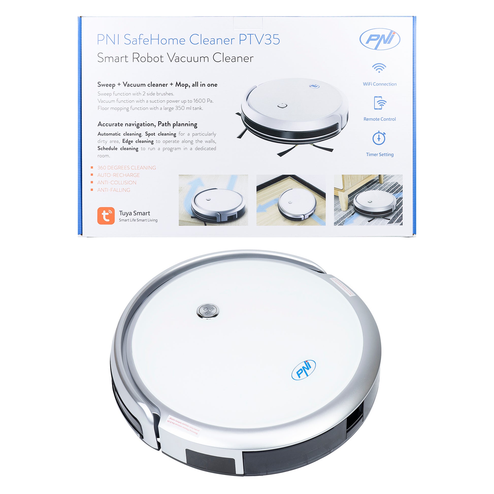 Robot aspirator inteligent PNI SafeHome Cleaner PTV35 WiFi, 30W, control si programare din aplicatia dedicata Tuya Smart, integrare in scenarii si automatizari smart cu alte produse compatibile Tuya