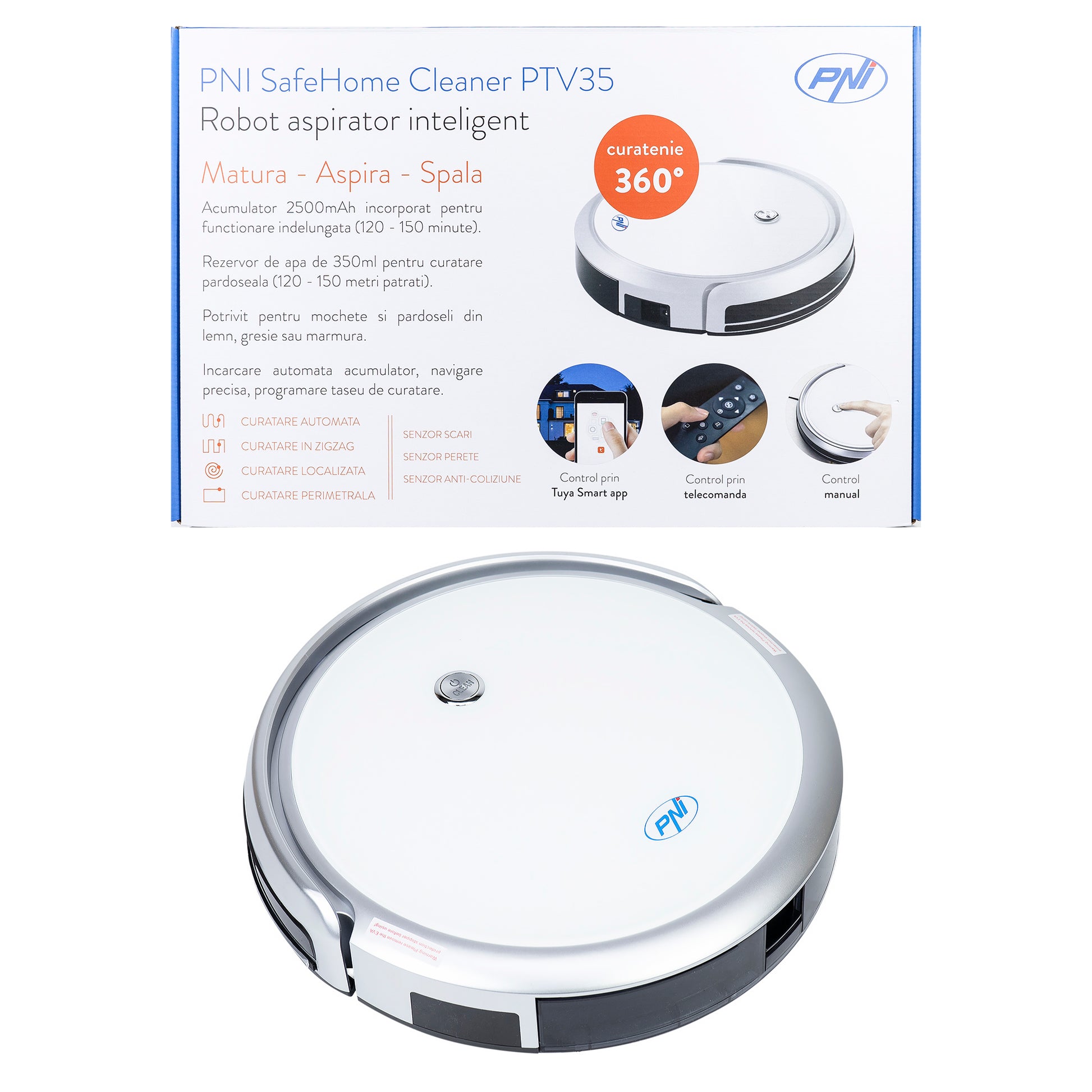 Robot aspirator inteligent PNI SafeHome Cleaner PTV35 WiFi, 30W, control si programare din aplicatia dedicata Tuya Smart, integrare in scenarii si automatizari smart cu alte produse compatibile Tuya