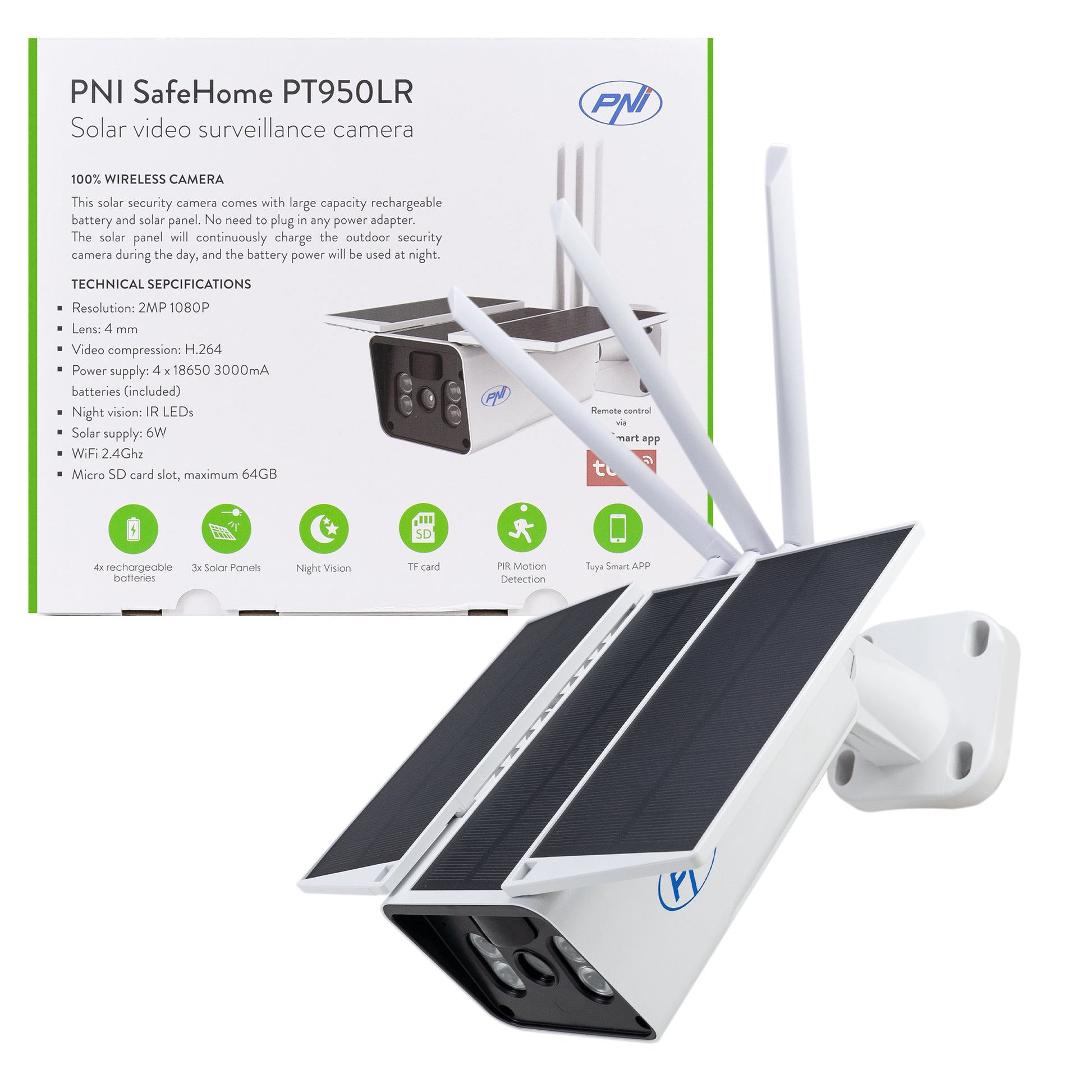 Camera supraveghere video PNI SafeHome PT950LR 1080P 2MP cu panou solar 6W, WiFi, acumulator, control prin aplicatia Tuya Smart, integrare in scenarii si automatizari smart cu alte produse compatibile Tuya