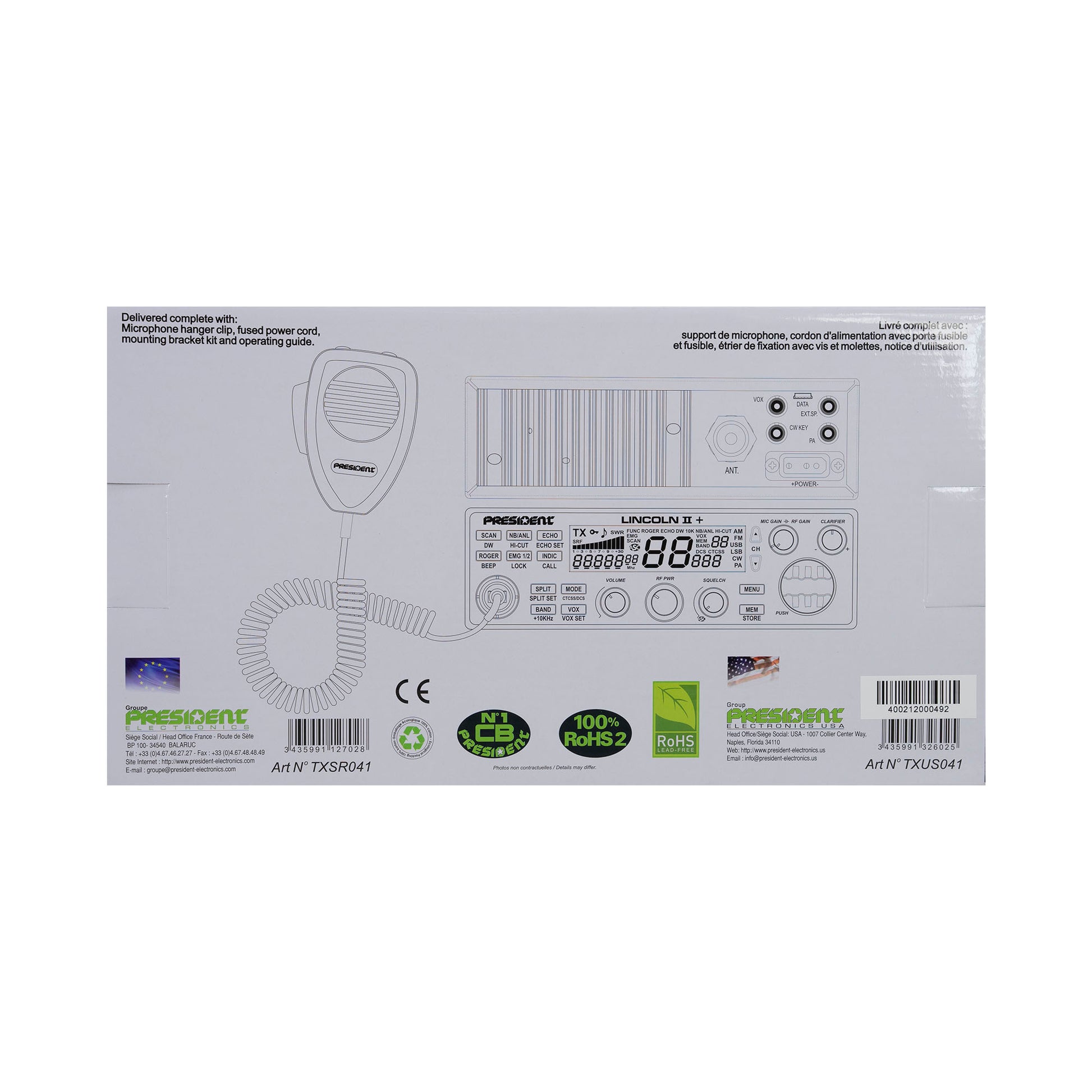 Statie radioamatori President LINCOLN II + ASC 10/12M, Roger Beep, ANL, NB, Hi-Cut Filter, AM-FM-USB-LSB-CW, Programabila, 12V