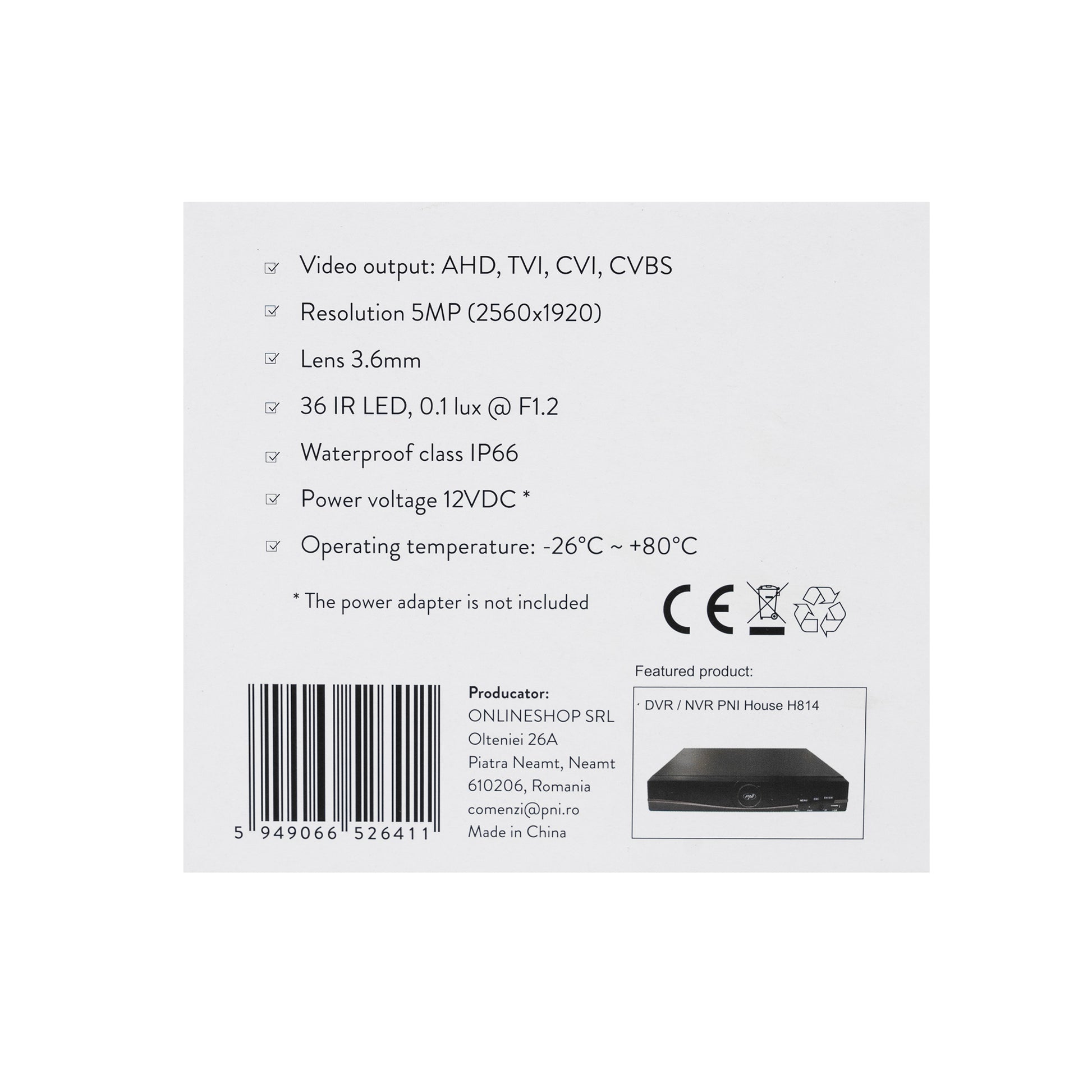 Camera supraveghere video PNI House AHD25 5MP, dome, lentila 3.6mm, 36 LED-uri IR, de exterior sau interior, IP66