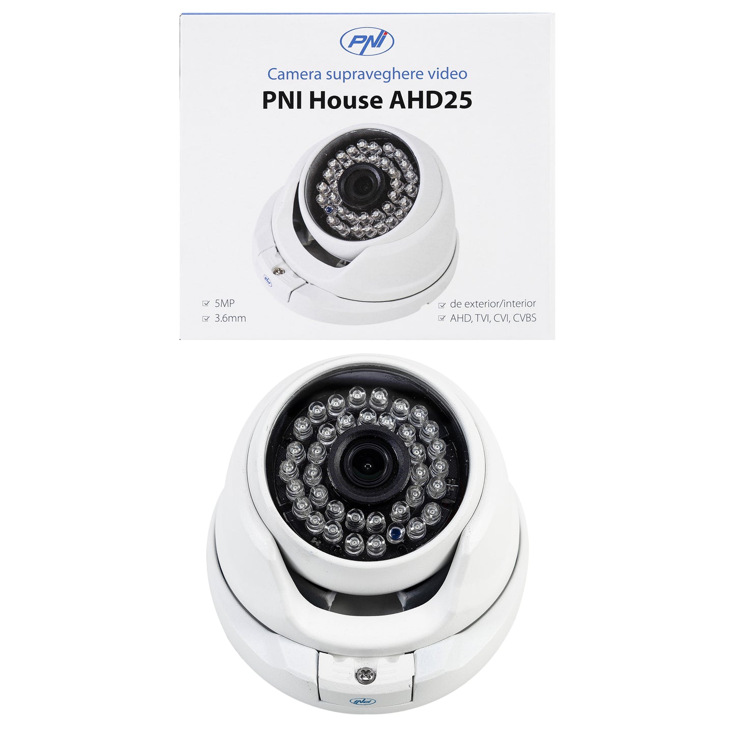 Camera supraveghere video PNI House AHD25 5MP, dome, lentila 3.6mm, 36 LED-uri IR, de exterior sau interior, IP66
