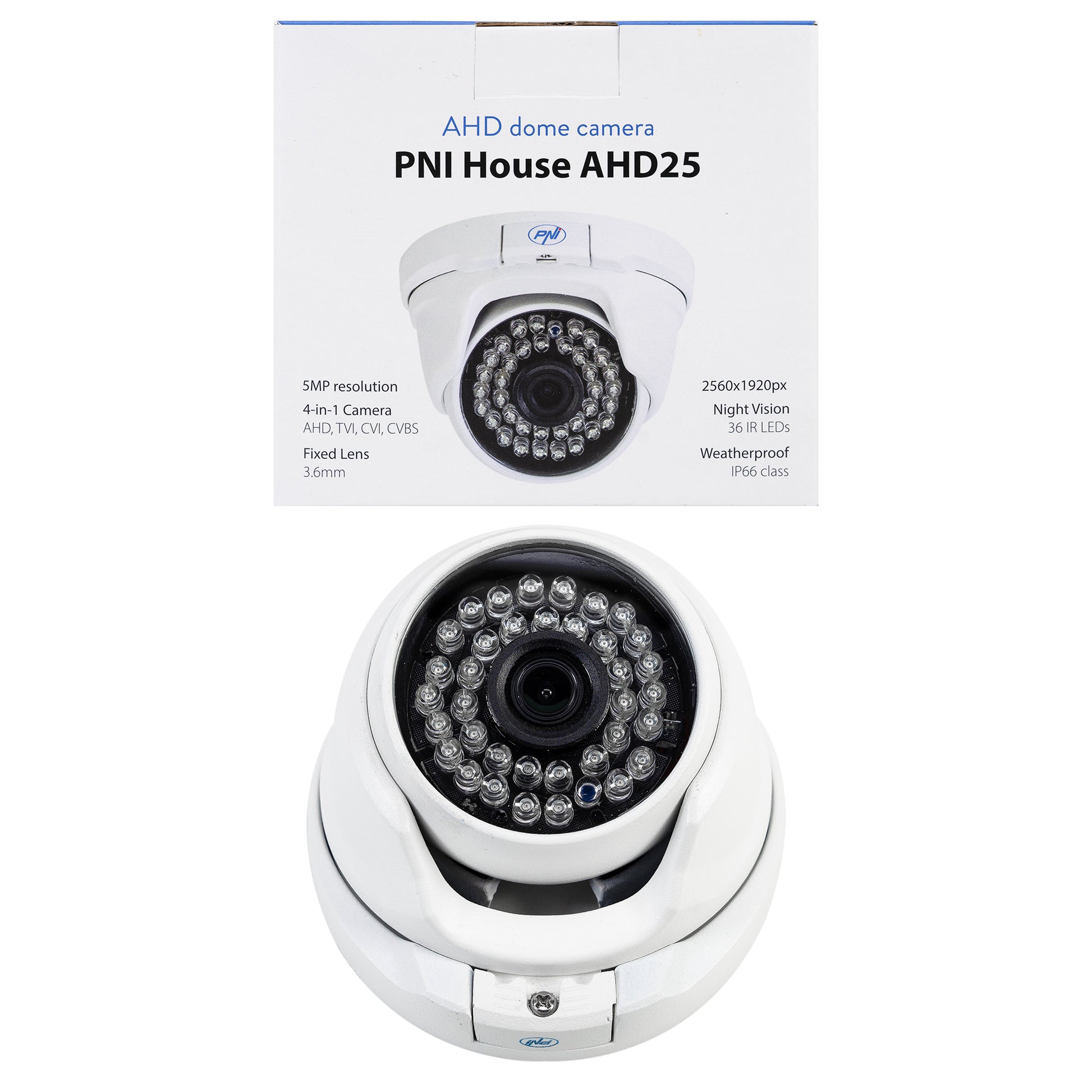 Camera supraveghere video PNI House AHD25 5MP, dome, lentila 3.6mm, 36 LED-uri IR, de exterior sau interior, IP66