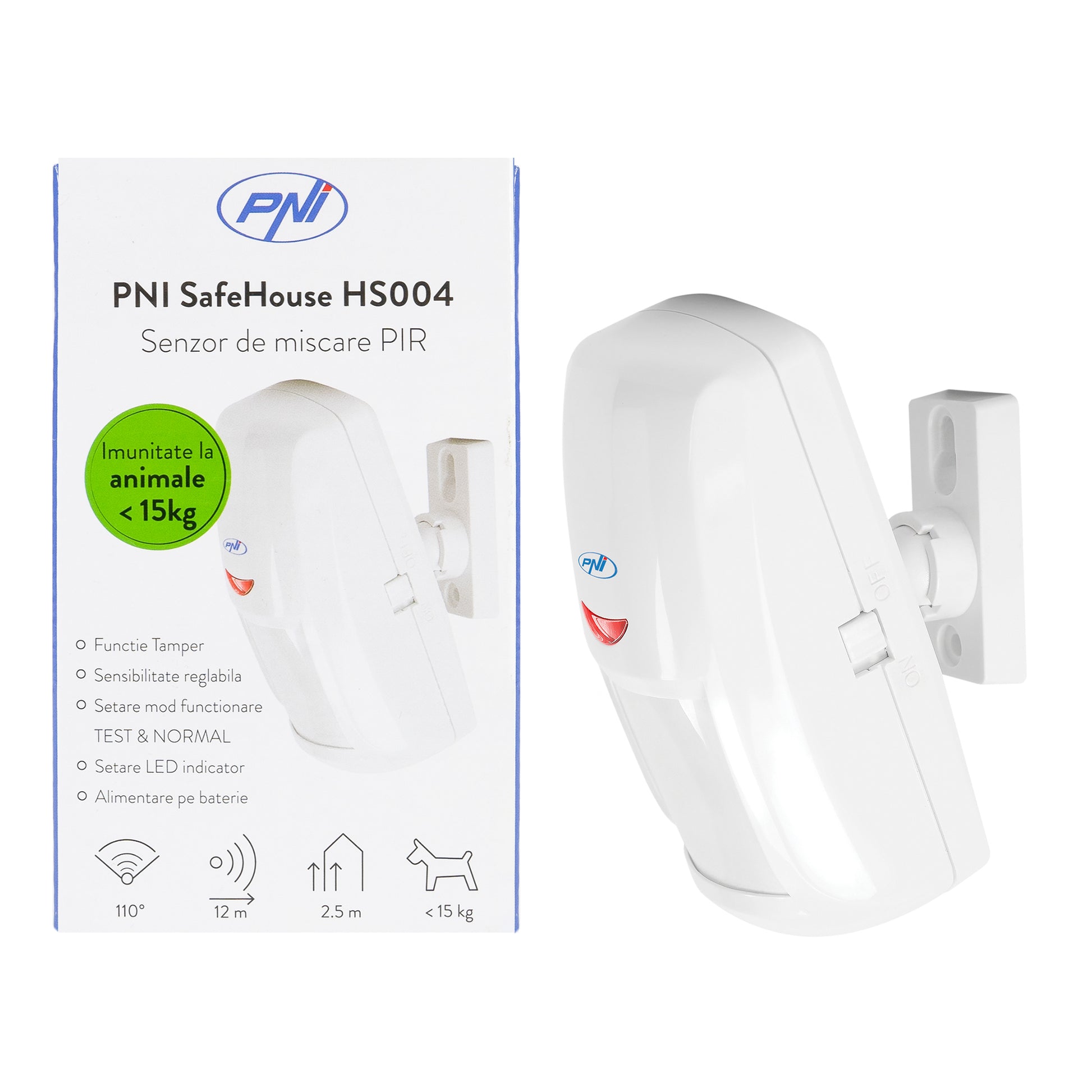 Senzor de miscare PIR PNI SafeHouse HS004, pentru sisteme de alarma wireless, cu imunitate la animale, sensibilitate reglabila