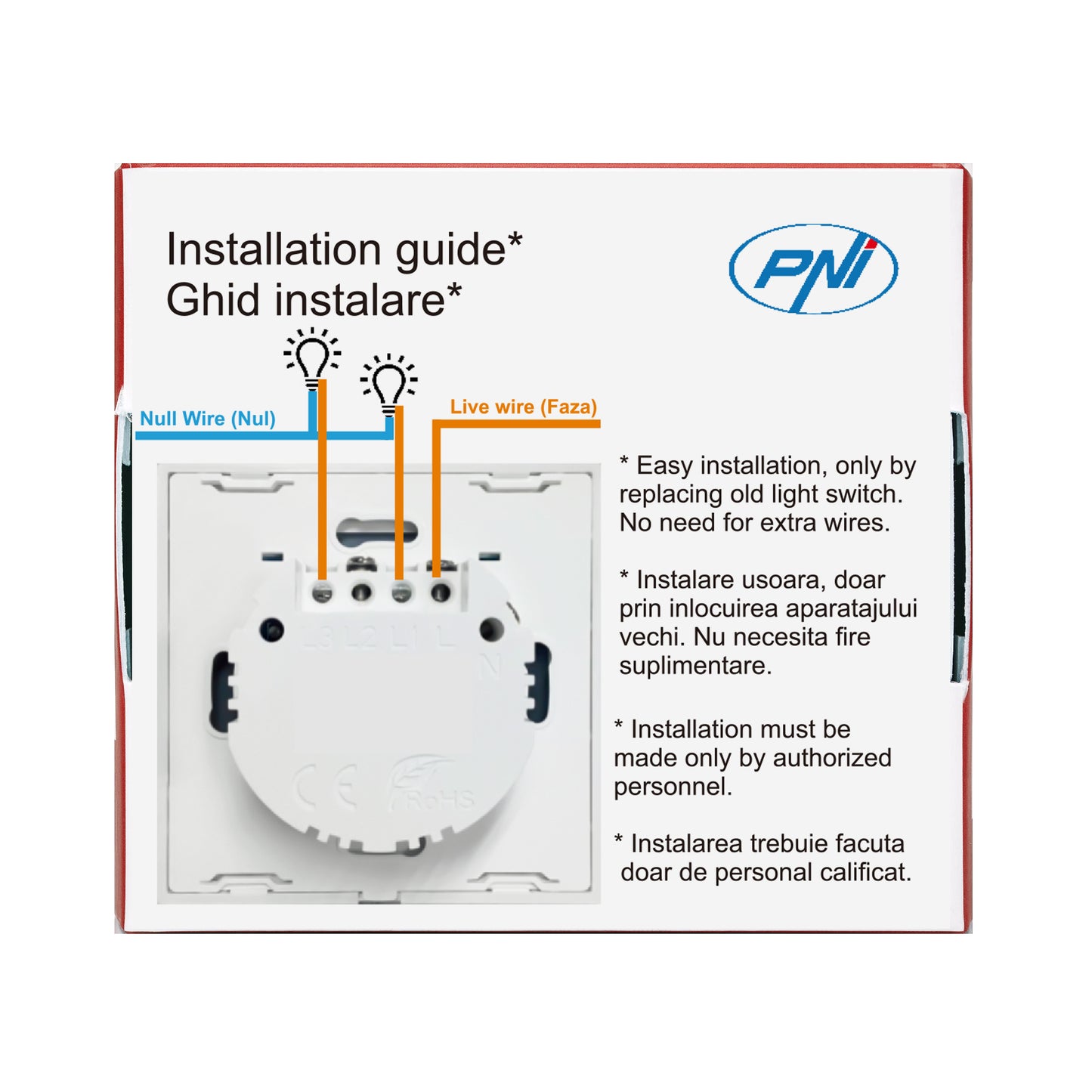 Intrerupator dublu cu touch PNI SH202 din sticla, alb cu LED indicator