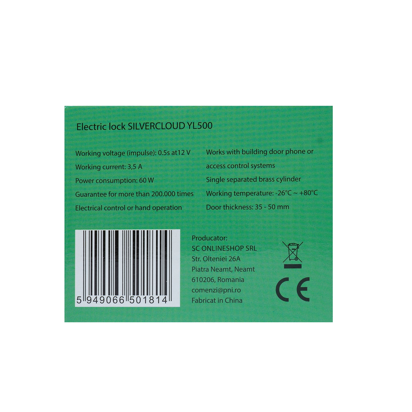 Yala electromagnetica SilverCloud YL500 cu butuc, deschidere pe partea stanga, Fail Secure NC
