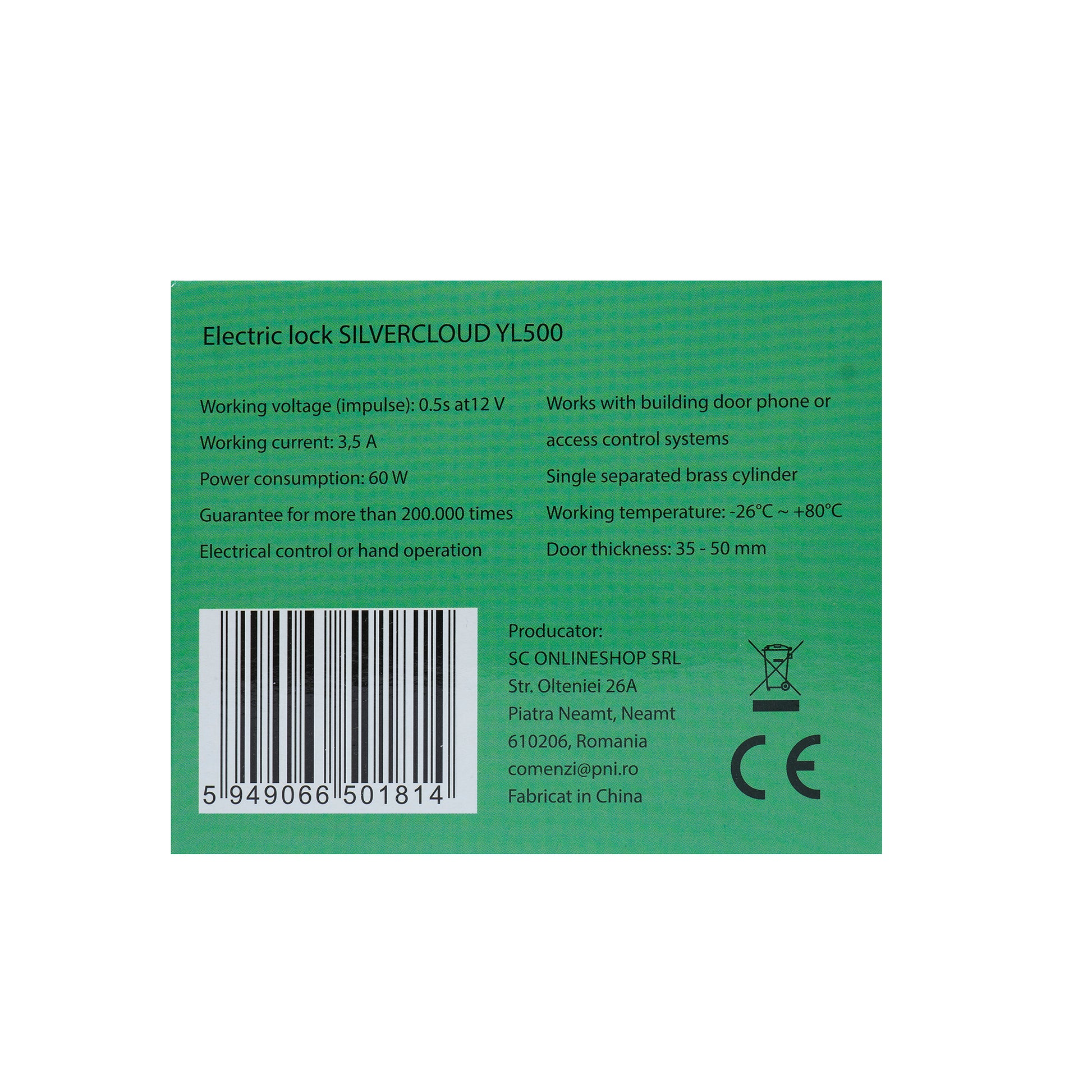 Yala electromagnetica SilverCloud YL500 cu butuc, deschidere pe partea stanga, Fail Secure NC