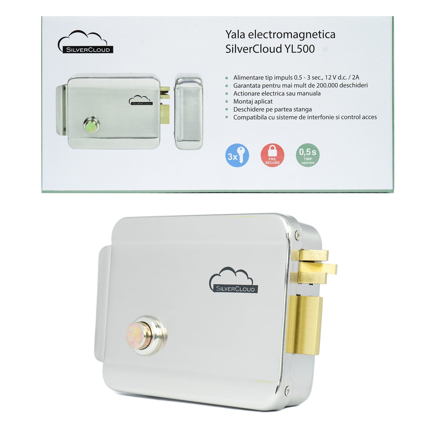 Yala electromagnetica SilverCloud YL500 cu butuc, deschidere pe partea stanga, Fail Secure NC