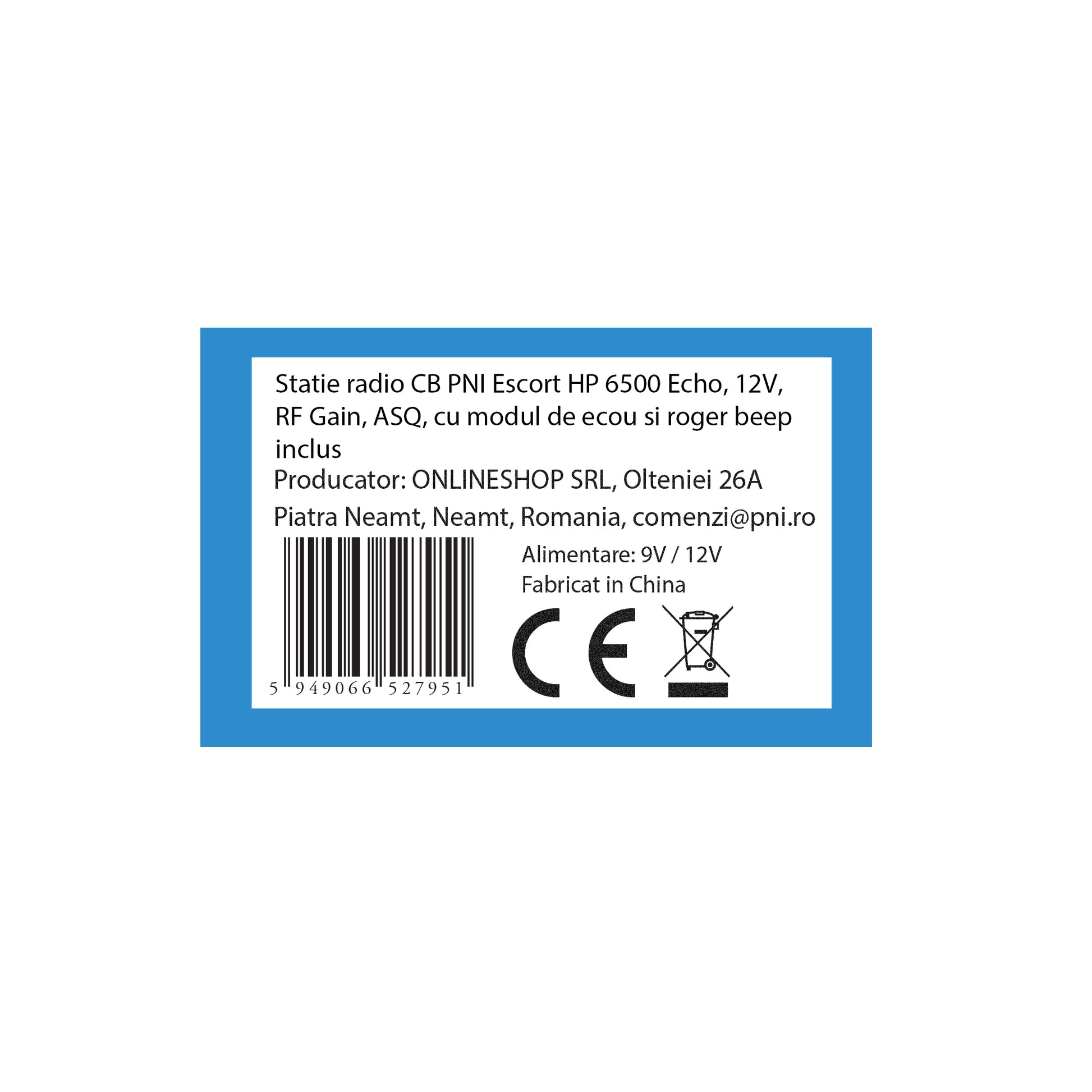 Statie radio CB PNI Escort HP 6500 Echo, 12V, RF Gain, ASQ, cu modul de ecou si roger beep inclus
