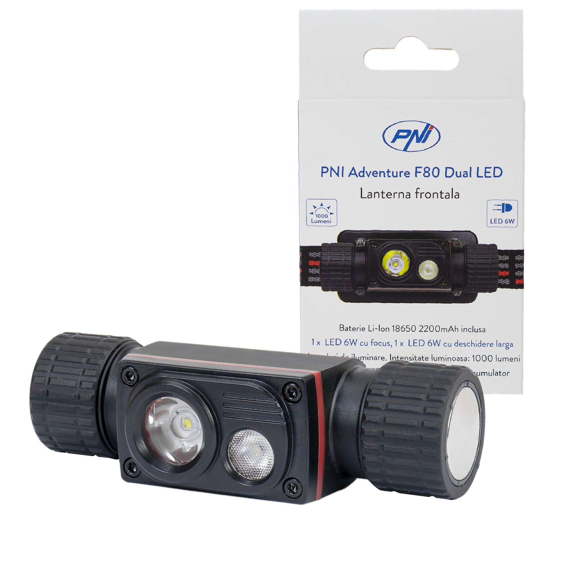 Lanterna frontala PNI Adventure F80 Dual LED, 1000 lm, 6W, 2200 mAh, IP68